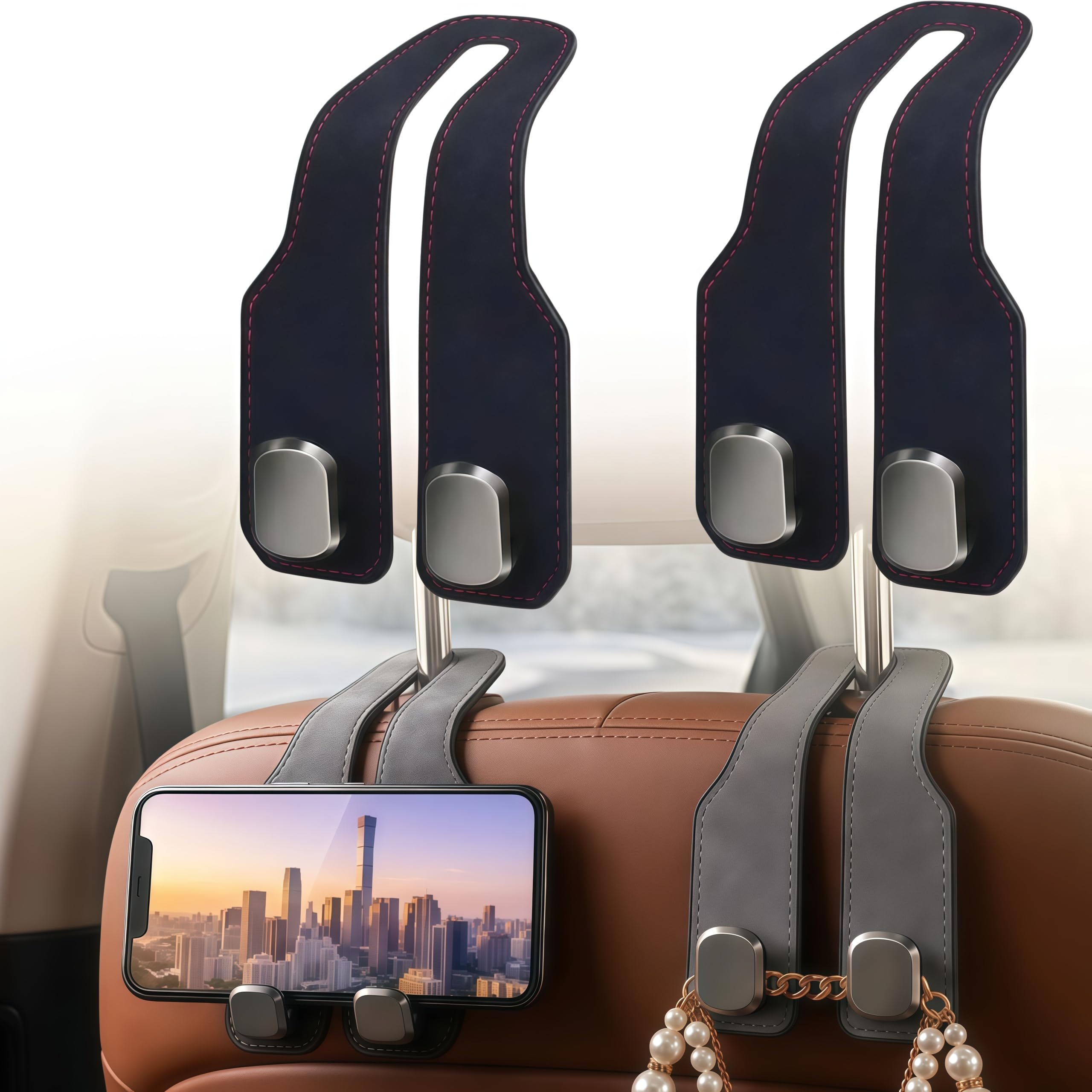 Car Seat Headrest Hooks, Dual Hook Car Purse Holder with Leather Strap