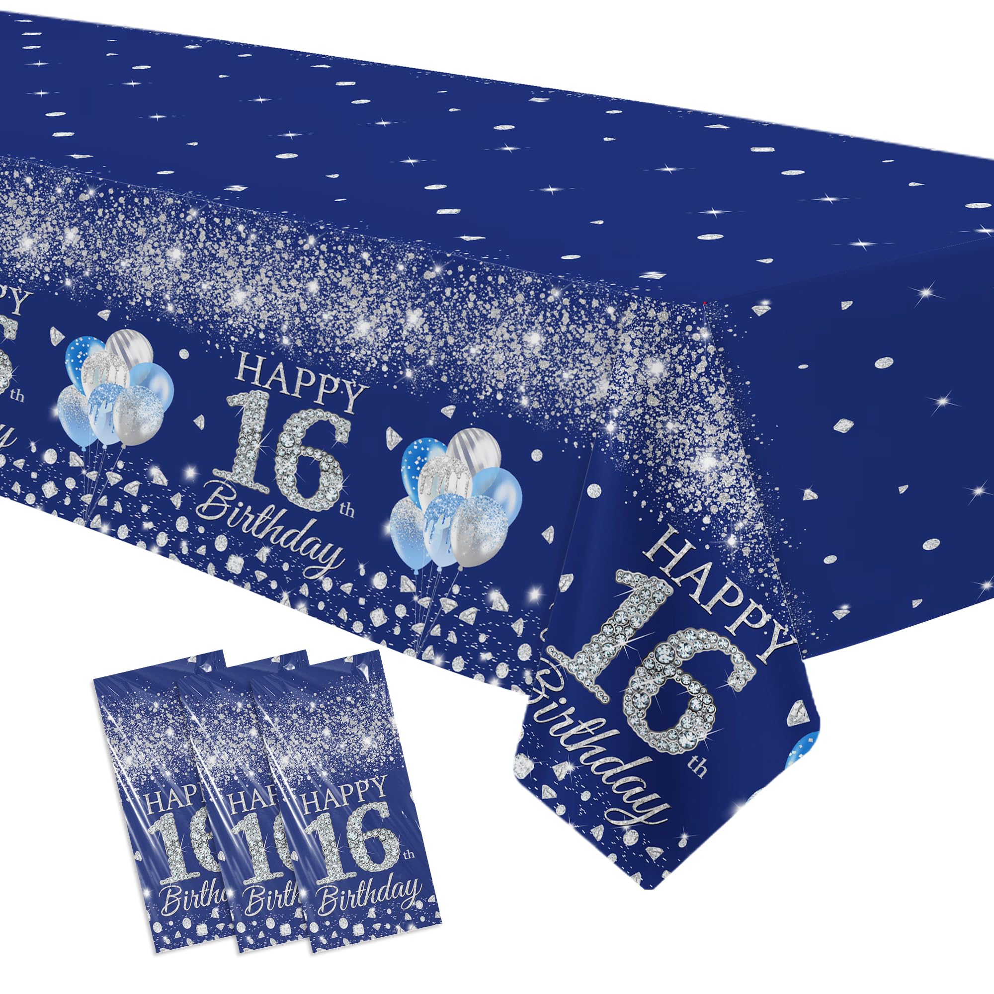 FVABO 16th Birthday Tablecloth Decorations for Boy, 3pcs Disposable Silver Blue Happy 16th Birthday Party Supplies Table Cover, 86in x 55in