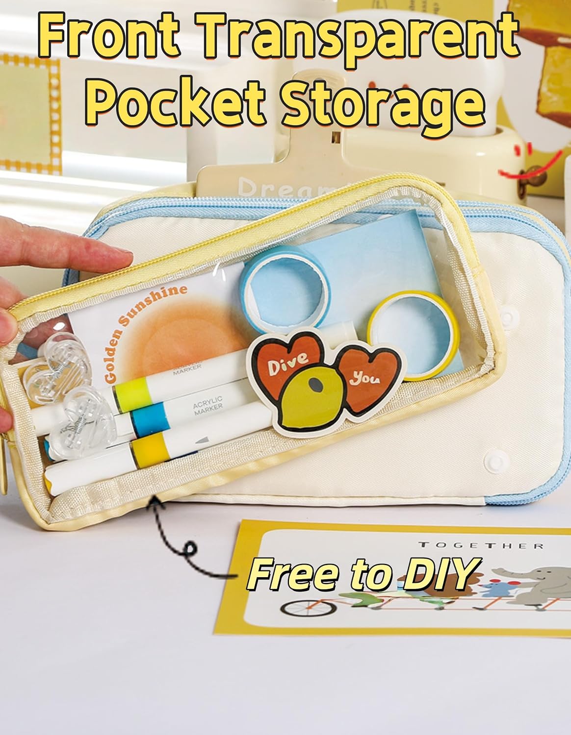 Large Capacity Color Block Transparent Detachable Kawaii Pencil Case - Aesthetic Dopamine Supplies Organizer, Cute Pain Bag Style Pen Pouch (Yellow) - Image 4