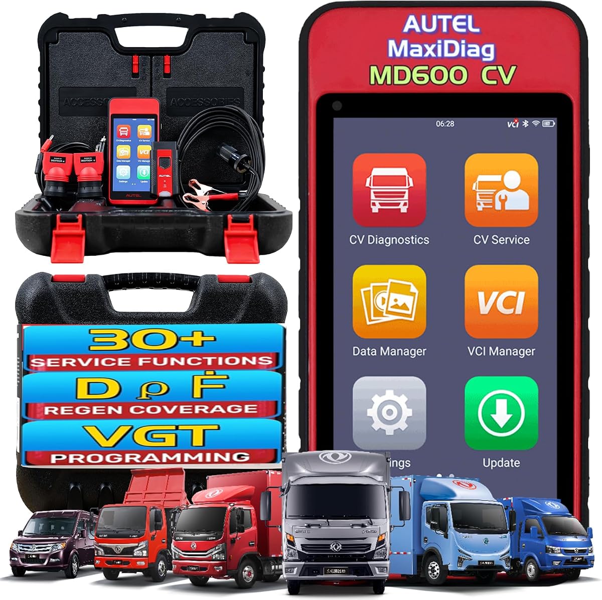 Escáner de camiones de servicio pesado Autel MaxiDiag MD600CV para vehículos de clase 3-9 | Práctica herramienta inalámbrica de escaneo de diagnóstico diésel para vehículos comerciales, más de 30 servicios, AutoScan, tableta con pantalla táctil 1939/J1708