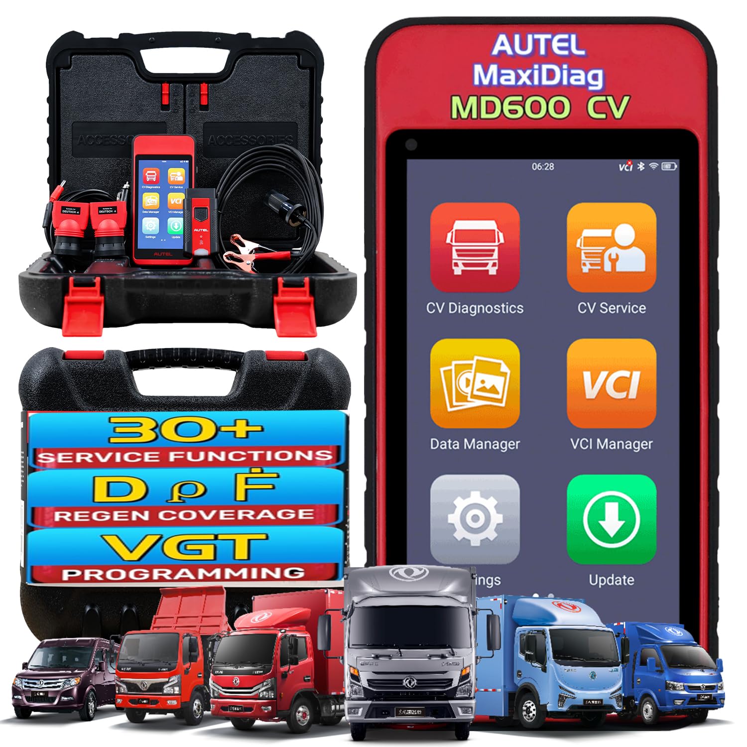 Autel MaxiDiag MD600CV Handy Truck Diagnostics Tool, Handheld Wireless Android Touchscreen Tablet for Truck, Light Medium, Heavy Duty Truck Vehicle, 30+ Service