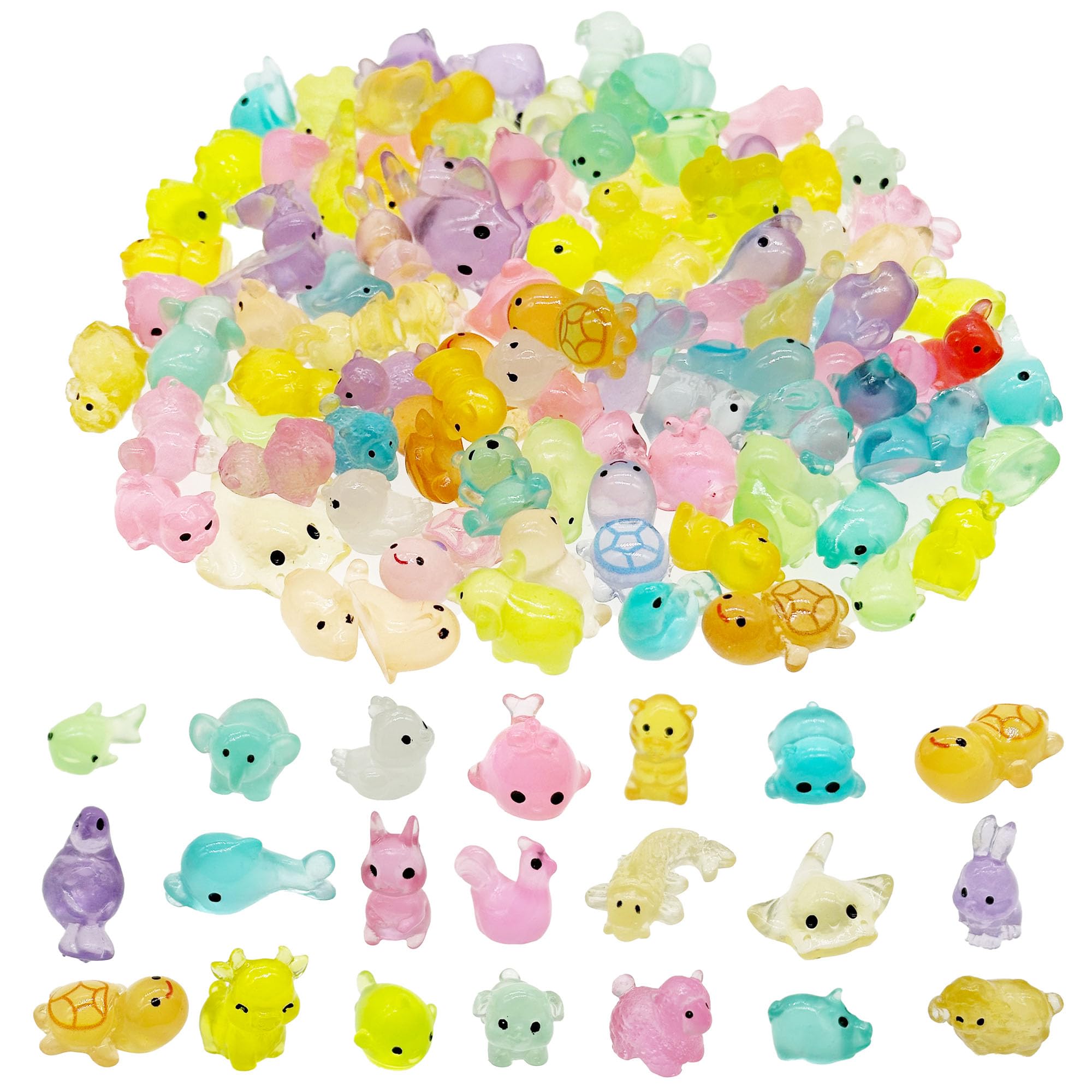 Cayway Mini Resin Animals 100 PCS Miniature Animals Glow in The Dark for Miniature Fairy Garden Decoration Accessories Micro Landscape