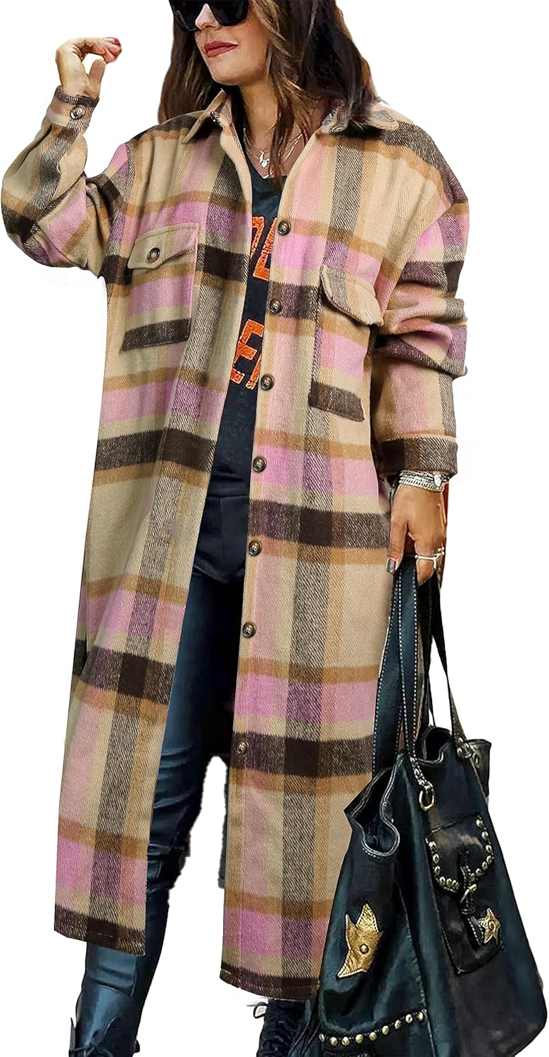 PUWEI Women's Plaid Shacket Jacket with Lapel