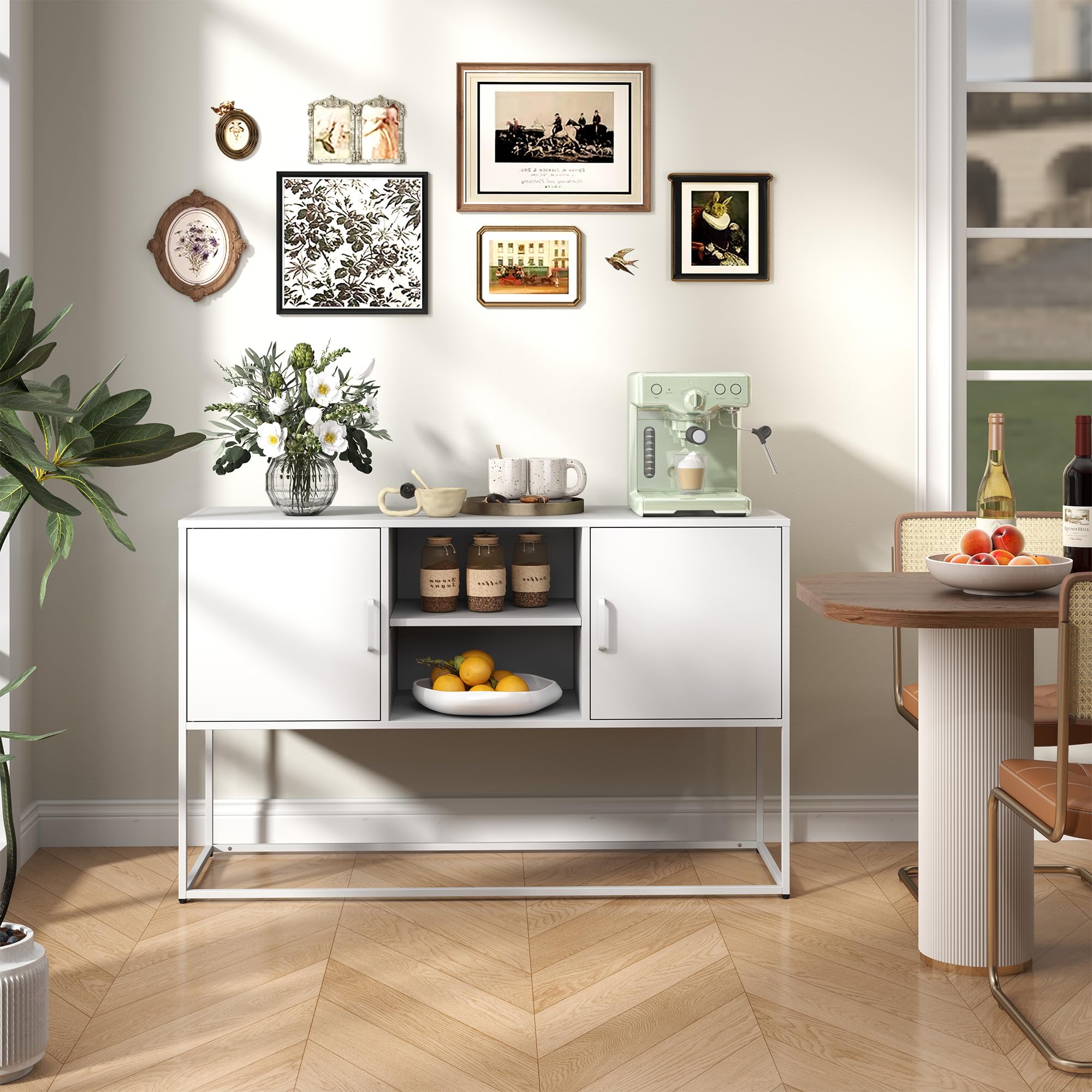 Sideboard, 120 cm Breit Küchenschrank mit 2 Beweglich Regalen, Buffetschrank mit 2 Türen und offene Lagerung, Küchenbuffet für Wohnzimmer, Küche, Flur, Anti-Kipp Design(Weiß)