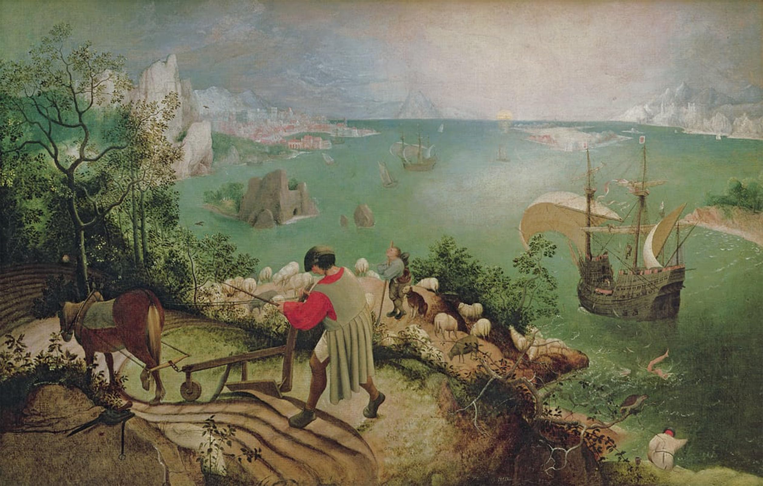 POSTERIIk Vintage Art Print Images Pictures Print Landscape with the Fall of Icarus by Pieter the Elder Bruegel Modern Colour Posters for Office Home Decor 60x90cm