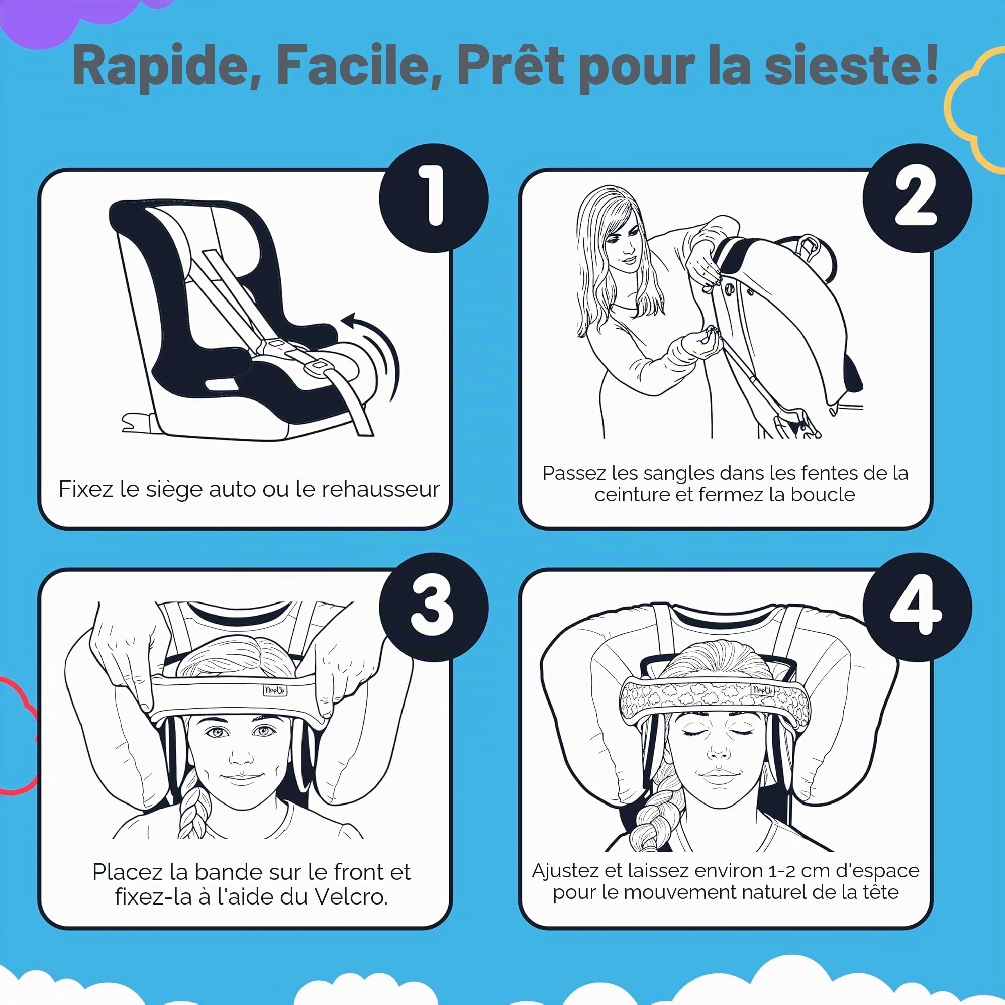 NAPUP Support de tête pour enfants pour sièges de voiture – Solution de soutien sûre et confortable pour la tête et le cou pour sièges de voiture orientés vers l'avant et rehausseurs à dossier haut –