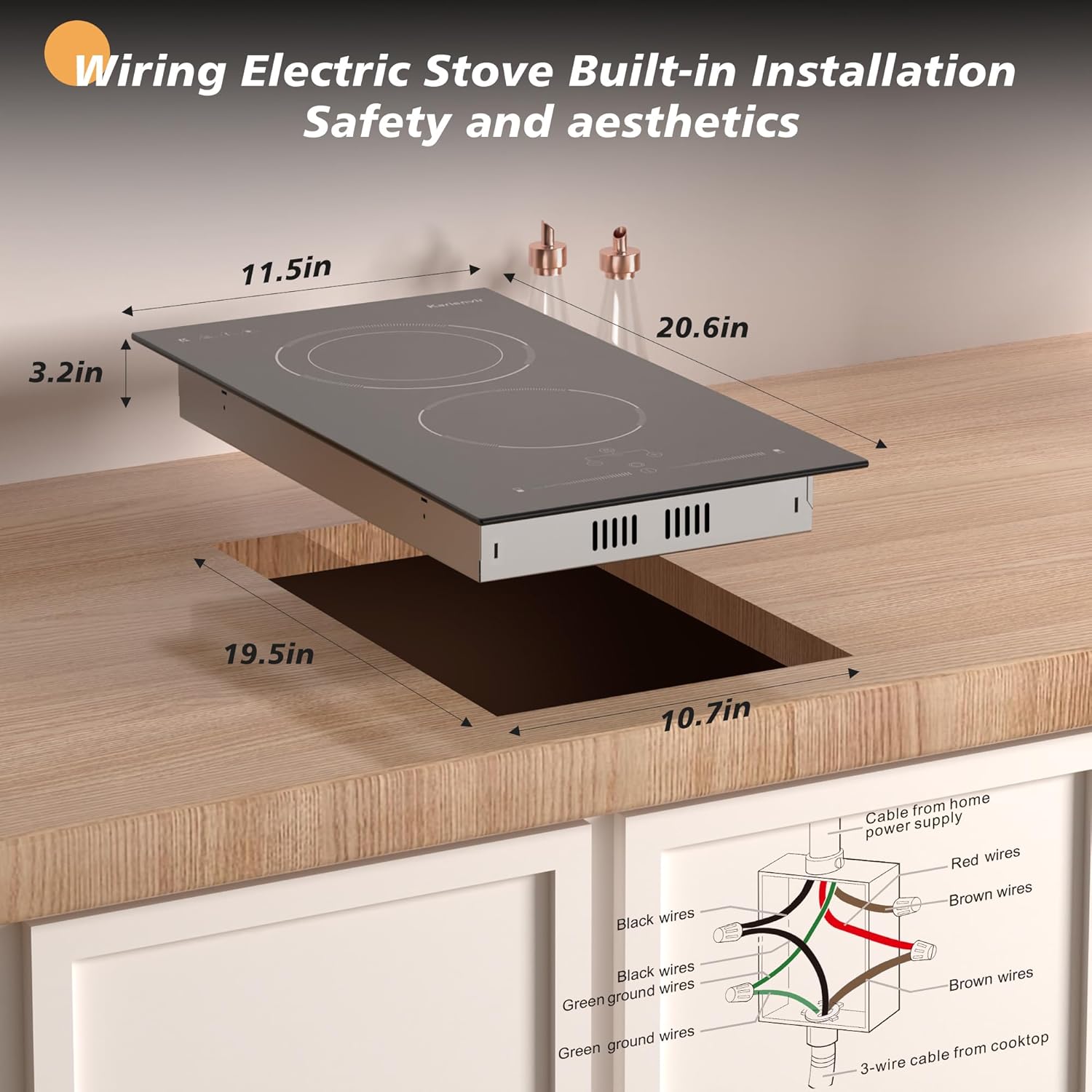 2 Burner Electric Cooktop 220V-240V, 12 Inch Electric Stove Built-in, 9 Power Levels Sliding Control, Electric Cooktop with Timer, Safety Lock, Extended Zone, 3200W, Hard Wire(No Plug)