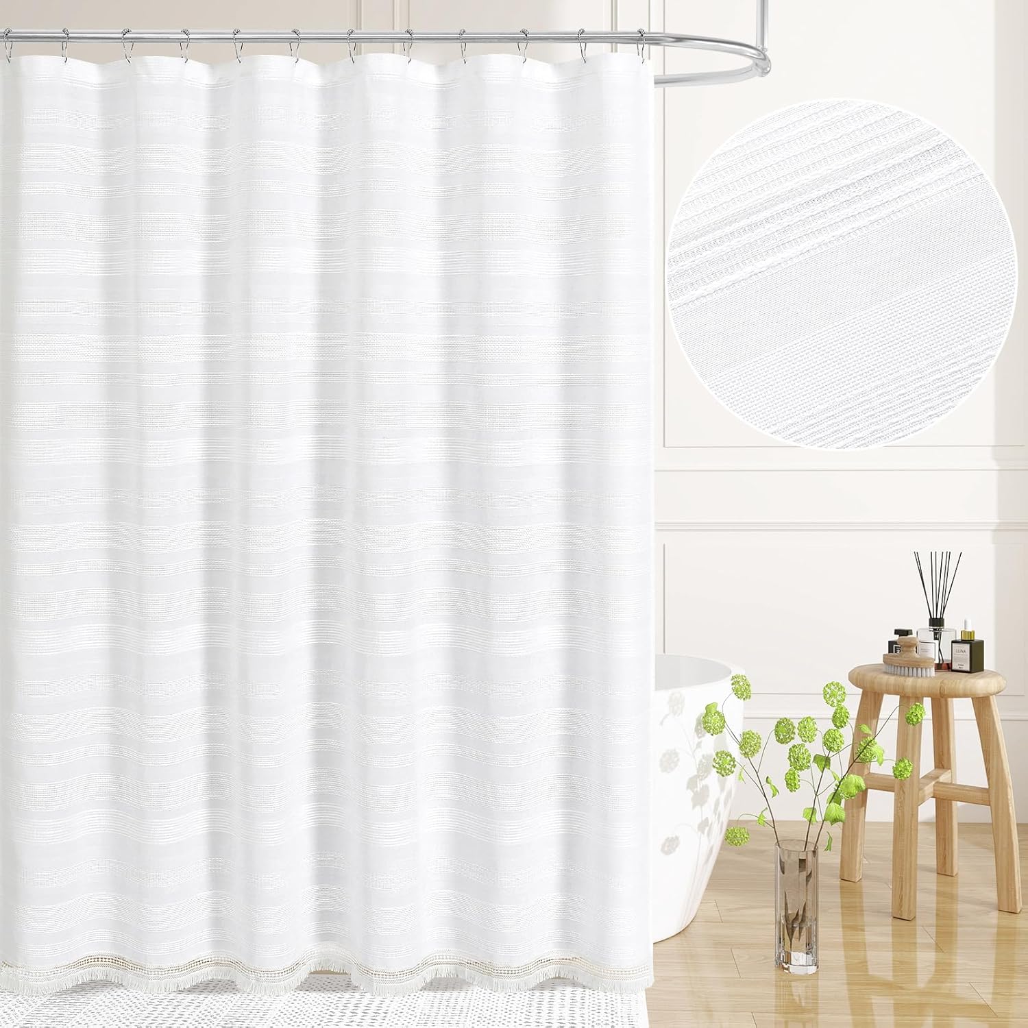 Boho Farmhouse Shower Curtain Set with Tassel, Linen Bohemian French Country Chic Bathroom Shower Curtain Set, Fabric Striped Textured Shower Curtain 72x72 - White