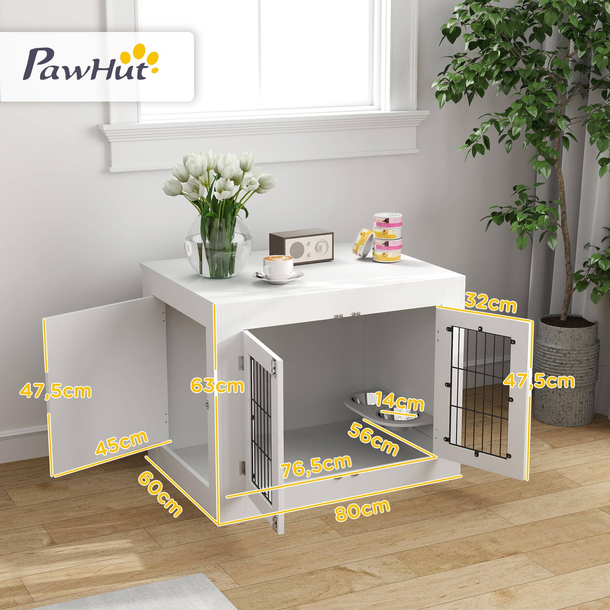PawHut - Jaula para perro interior, caja para perro de madera, 2 cuencos giratorios 360°, 2 puertas, mesa auxiliar, tamaño mediano hasta 20 kg, 80 x 60 x 63 cm, color blanco