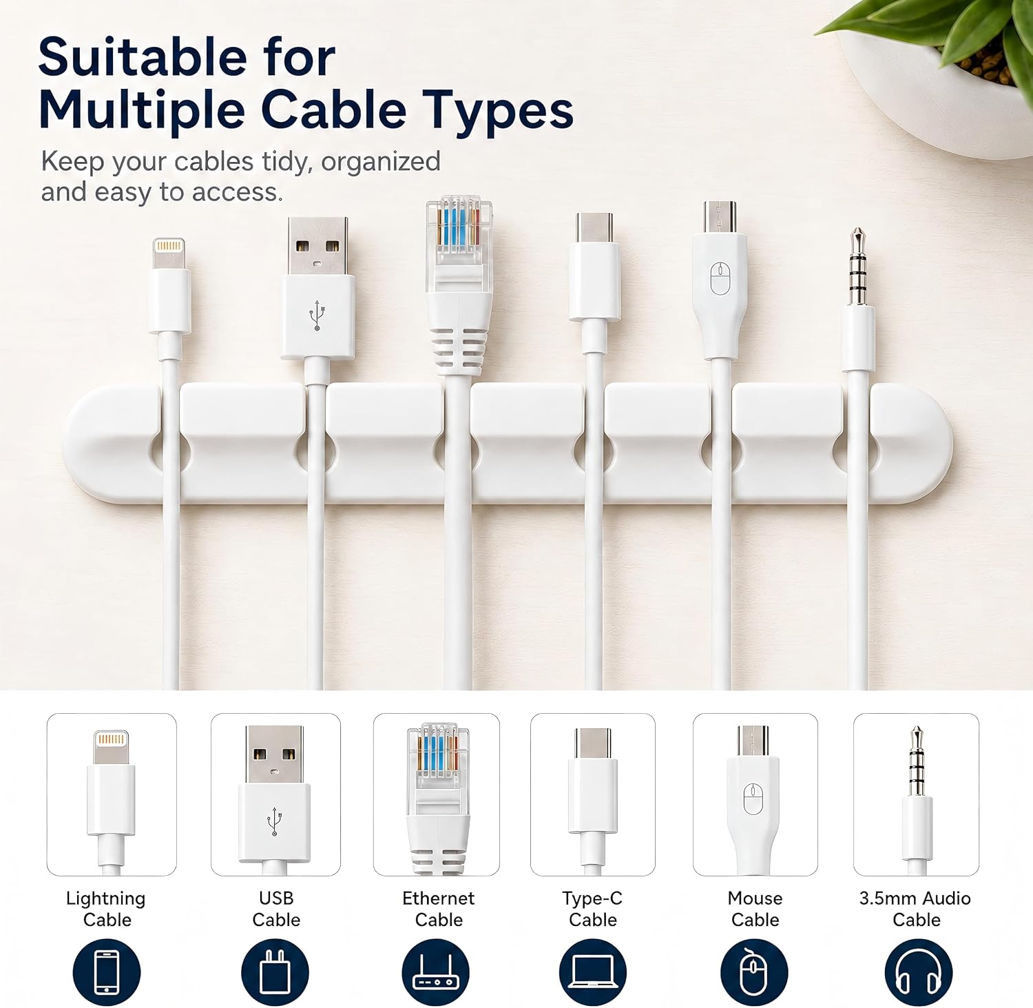 White Cable Holder Clips, 3 Pack Self Adhesive Charging Cord Organizer, USB Cable Management for Desk, Home Office, Wire Organizer for Mouse, Keyboard and Power Cords(7-5-3 Slots) (White) image 3