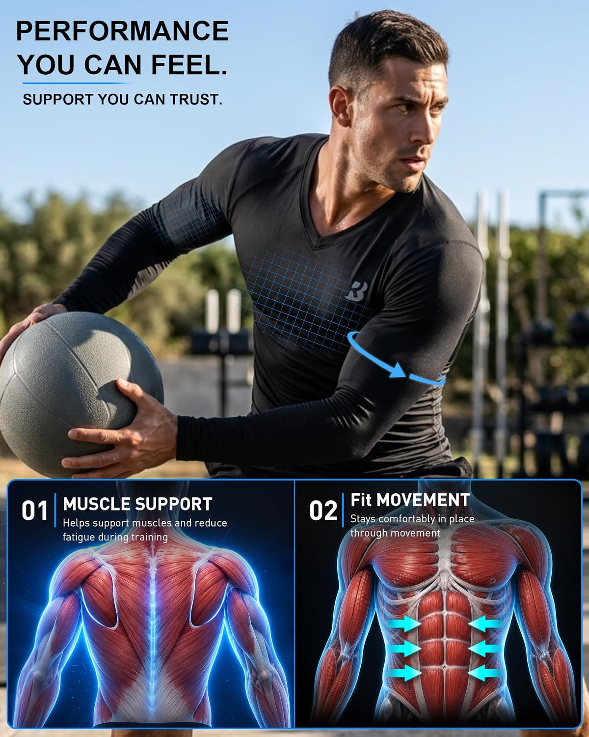 Roadbox Men's V-Neck Compression Shirts, Long Sleeve Athletic Undershirts image 3