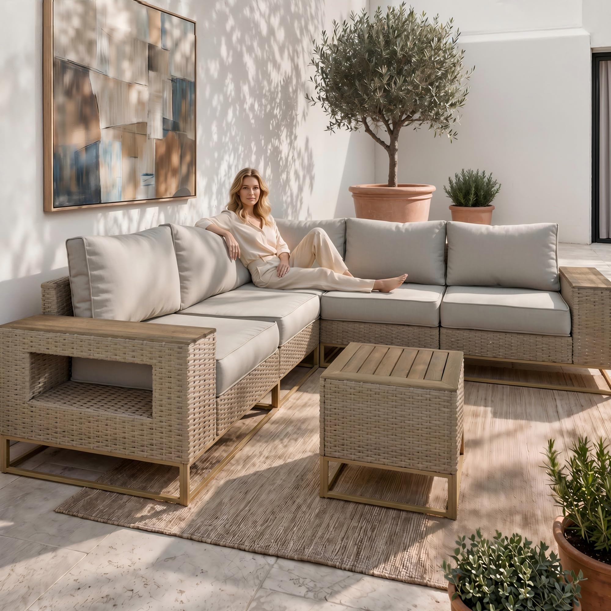 6-Piece Outdoor Patio Furniture Set, Modern PE Wicker Outdoor Sectional Sofa with Storage Armrests & 5.5" Thick Cushions, L-Shaped Couch for Deck, Porch, Backyard, Linen Greige