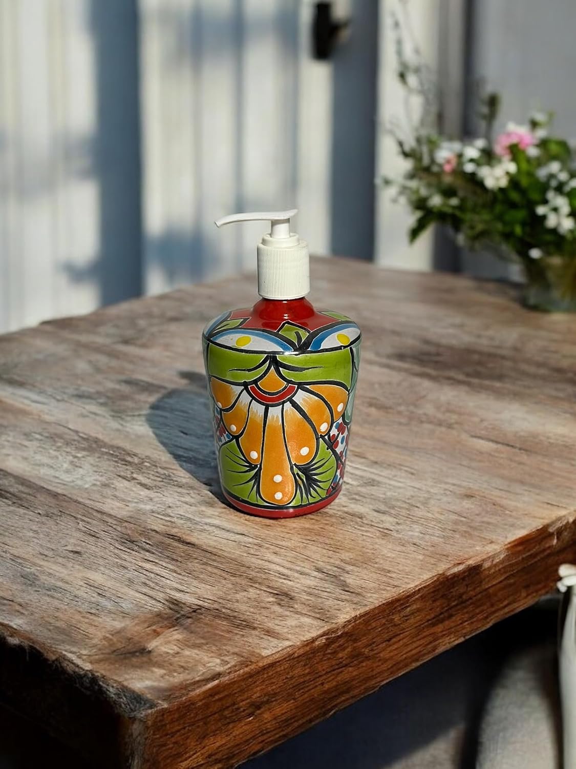 Talavera Soap Dispenser – Hand-Painted Mexican Pottery, Vibrant Ceramic Bathroom & Kitchen Decor (Large)