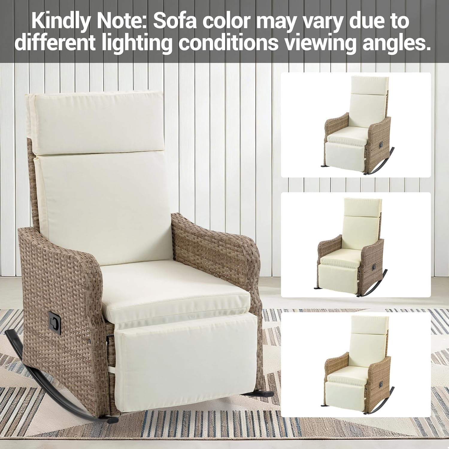 Outdoor Recliner Chair for Patio – 2-in-1 Convertible Footrest & Rocking Mode, 90-135° Adjustable Backrest, Rattan Wicker Chair with Removable Cushion for Garden, Balcony, Porch, Light Yellow