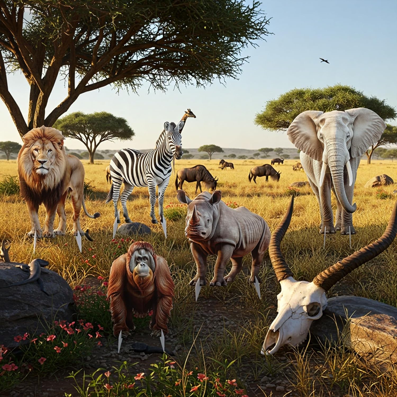 Leinuosen 5 Pcs Large Wildlife Safari Party Stand Decorations Set Africa Jungle Cardboard Cutouts Elephant Lion Zebra Rhino Gorilla Animal Decor Theme Birthday Camping Party Supplies for Photo Prop