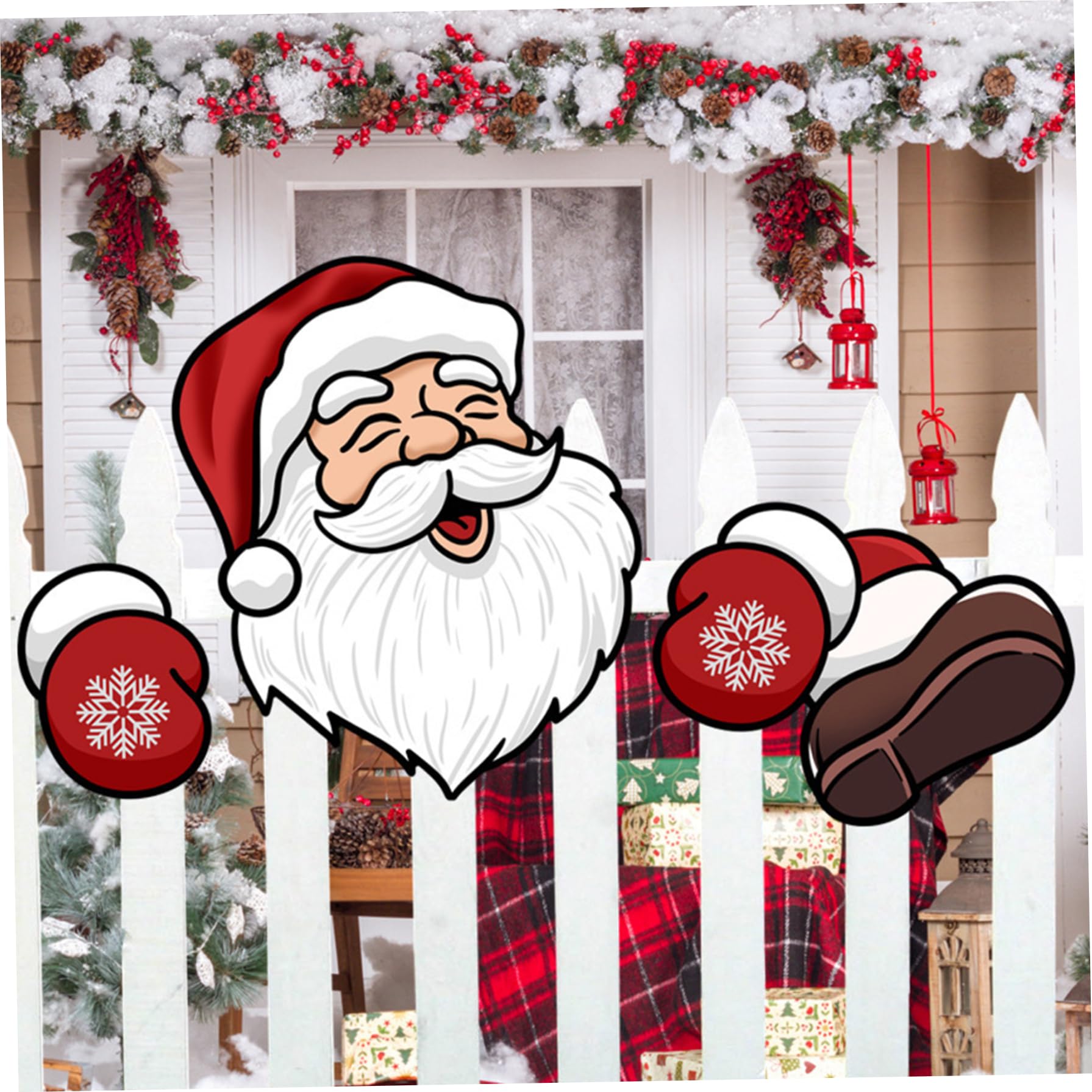 Hperu Santa Christmas Decorations Outdoor Head & Gloves Garden Fence Peeker Signs For Holiday Xmas Garden Courtyard Wall- Christmas Tree Topper
