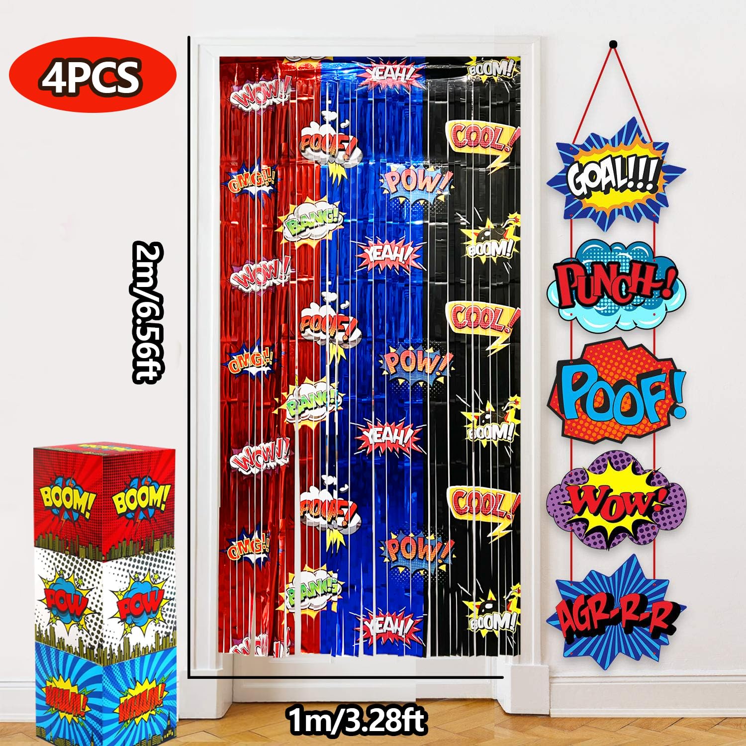 Paquete de 4 cortinas de flecos de papel de aluminio de araña, decoración de fiesta de cumpleaños, 3.28 x 6.56 pies, cortina de flecos de papel de aluminio rojo, azul y negro, accesorios para cabina