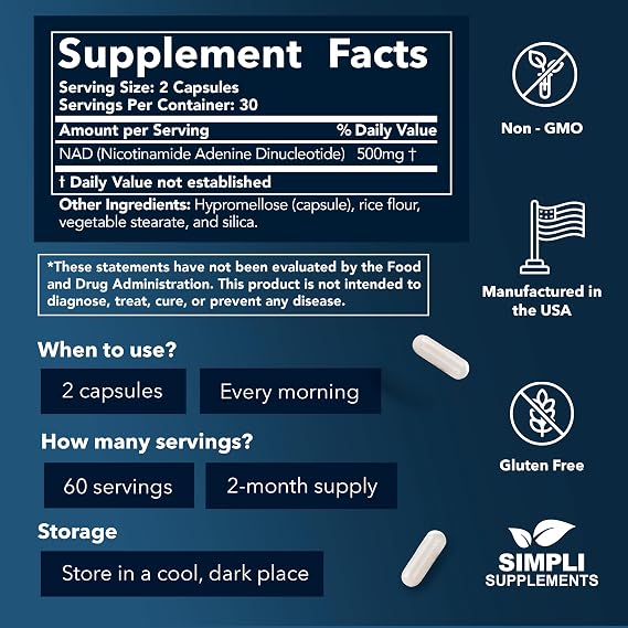 NAD Supplement for Anti-Aging and Cell Regeneration | NAD Booster 500mg Per Serving | NMN Supplement Alternative | Similar to Nicotinamide Riboside | 120 Capsules (2 Month Supply)