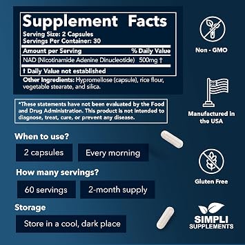 NAD Supplement for Anti-Aging and Cell Regeneration | NAD Booster 500mg Per Serving | NMN Supplement Alternative | Similar to Nicotinamide Riboside | 120 Capsules (2 Month Supply)