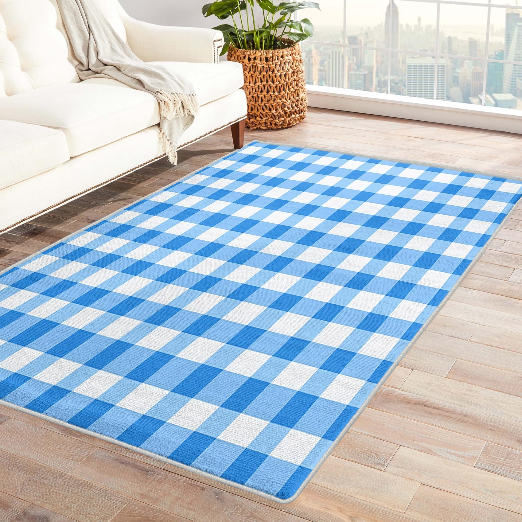 GEDAEUBA Gingham Rug & Home Decor - Washable Rug 3x4 - Blue and White Buffalo Check Rugs for Entryway - Non Slip Soft Indoor Door Mat - Small Area Rug