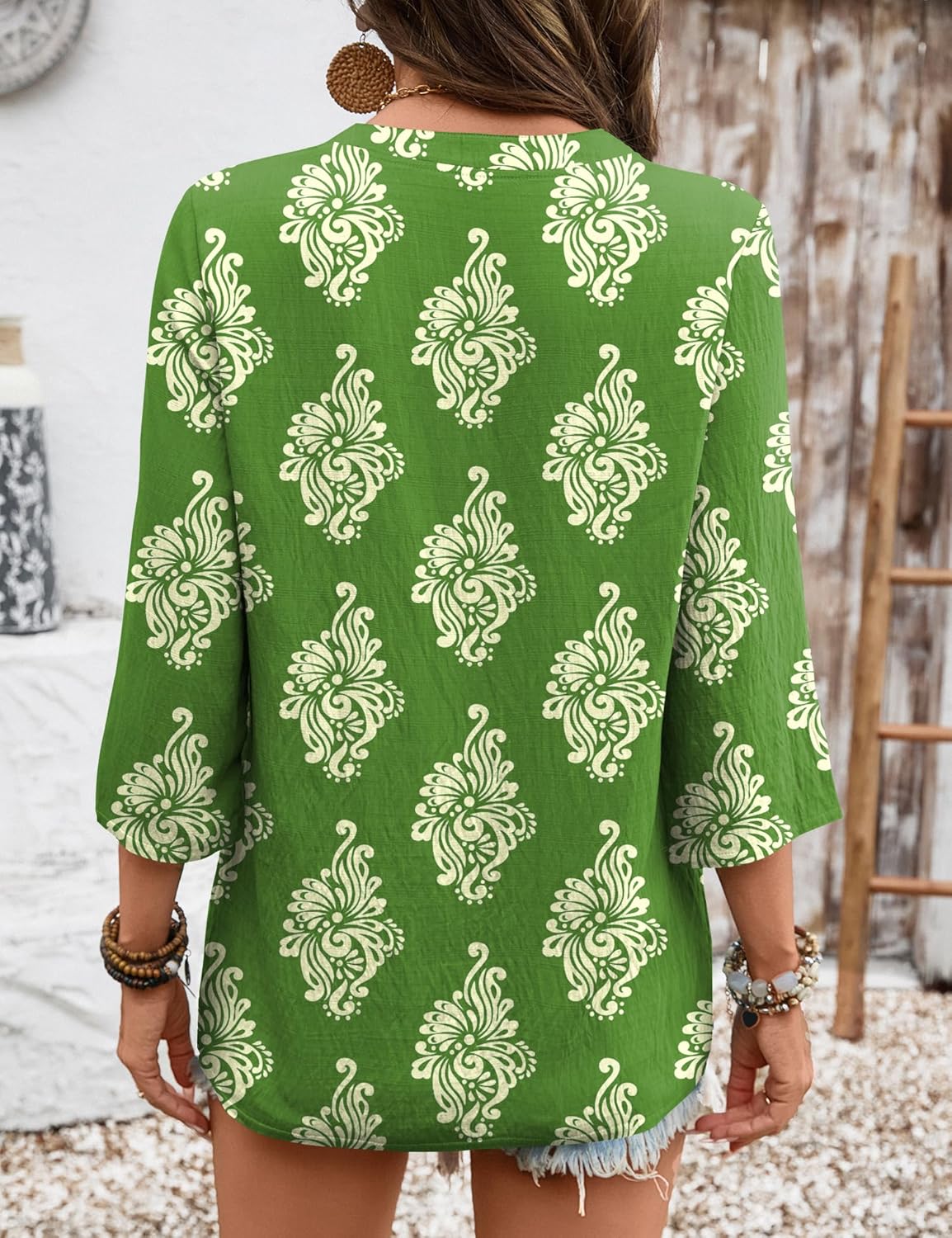 Rapbin Womens 3/4 Sleeve V Neck Floral Print Pleated Blouses for Women Dressy Casual Loose Fit Tops - Image 6