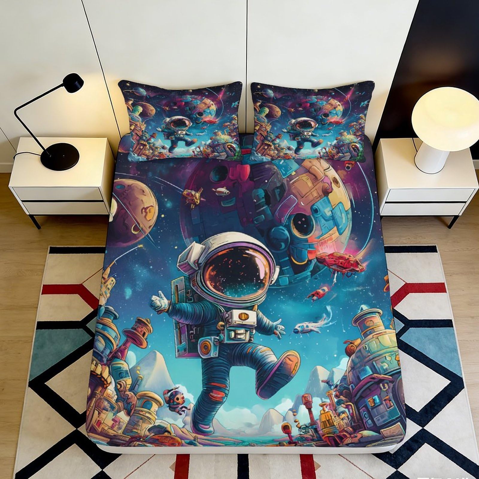 Pnayamiorkfel Style-5 3D Printed Astronaut Space Adventure Fitted Sheet Microfiber Vibrant Universe Mattress Cover Bedroom Guest Room Decor 90X200x25cm