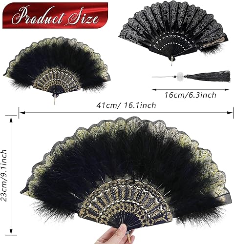 Miniatura 2 de Namalu Abanico de mano de plumas bordado, 2 piezas, Marabú de los años 20, abanico de plumas plegable a mano, drag queen para mujeres de los años