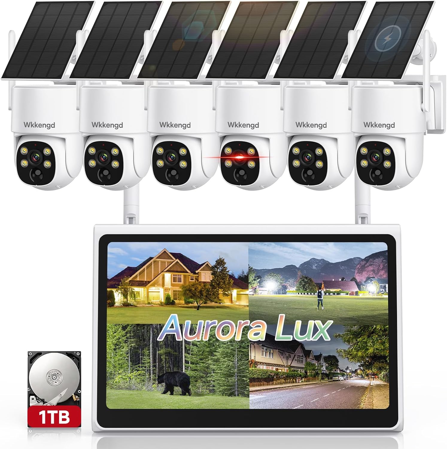 6PCS Aurora Lux Solar Security Wireless Camera System with 10" Monitor, F1.0 Super Aperture PTZ Battery Powered Cameras with 1TB HDD