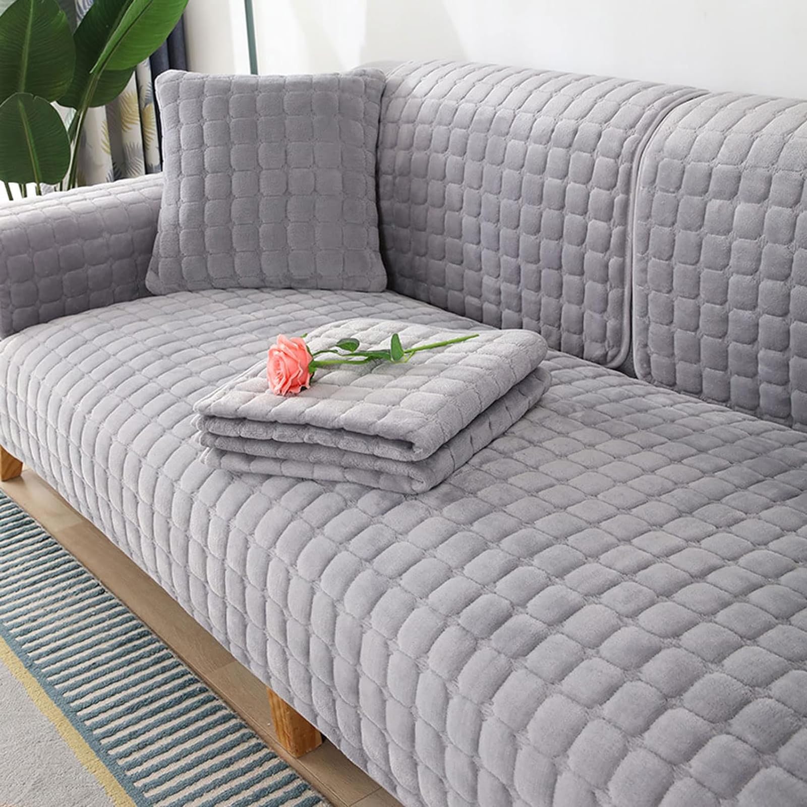 Velvet Sofa Cover 1 2 3 4 Seater, Dog Cat Sofa Protector Anti-Slip Couch Cover L Shape, Soft Sofa Cover Corner Sofa Sofa Protective Cover with Non-slip Base,Light gray,90x210cm