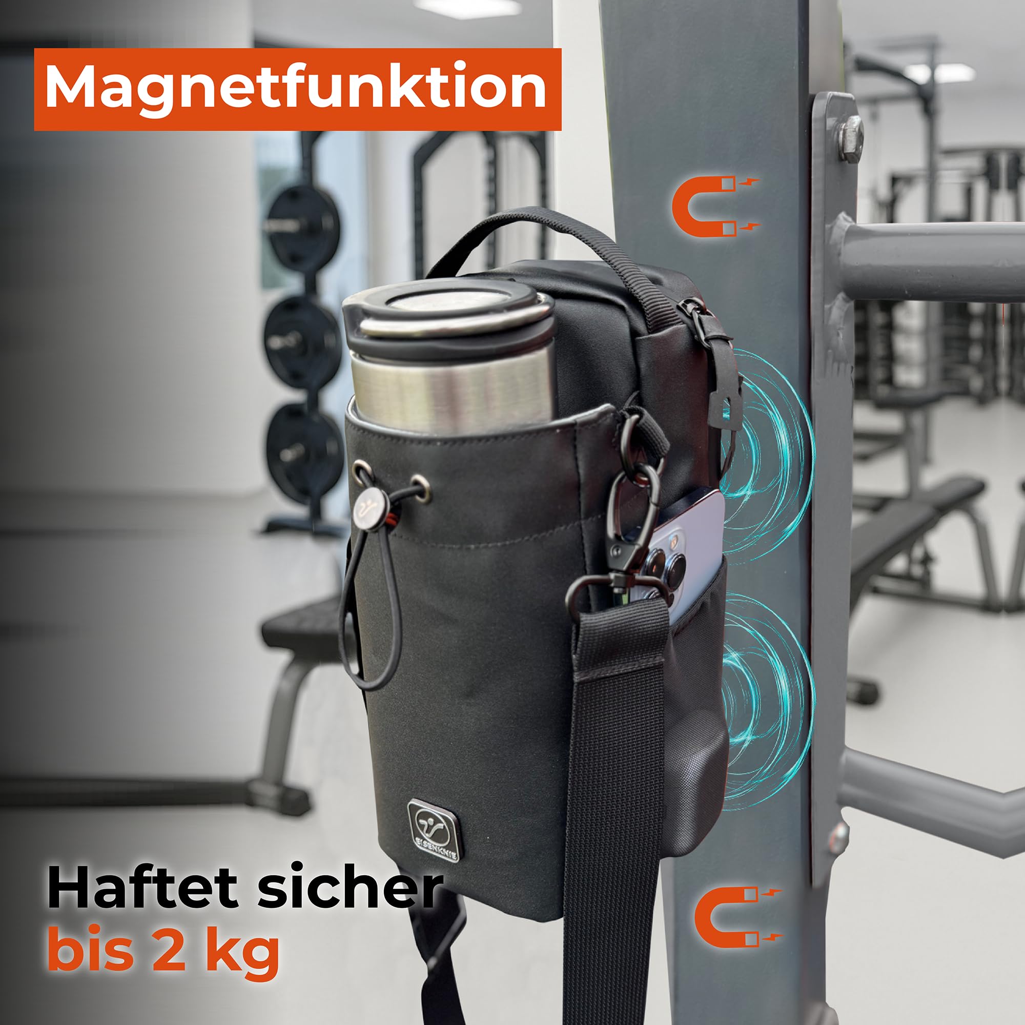 Borsa da palestra magnetica, piccola borsa sportiva, nera, 25 x 13 x 15 cm, forza magnetica fino a 2 kg, spazio per bottiglia da 1,5 l e oggetti di valore, tracolla simile alla pelle