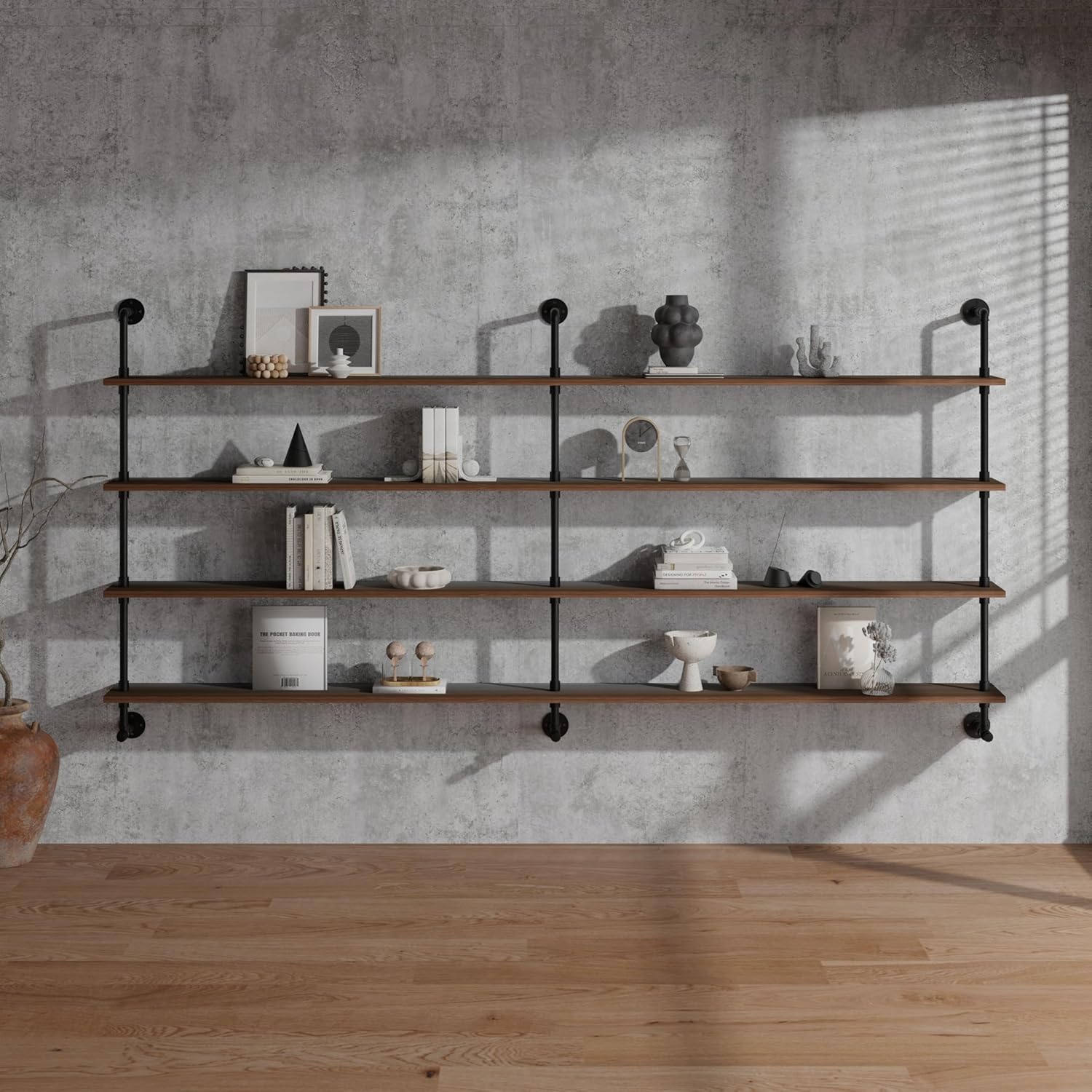 Industrial Pipe Wall Shelves with Real Wood Plank ,36 Inches Floating Shelves for Wall Farmhouse Book Shelves Dark Brown 3 Tier for Kitchen,Living Room Decor and Bar Shelving