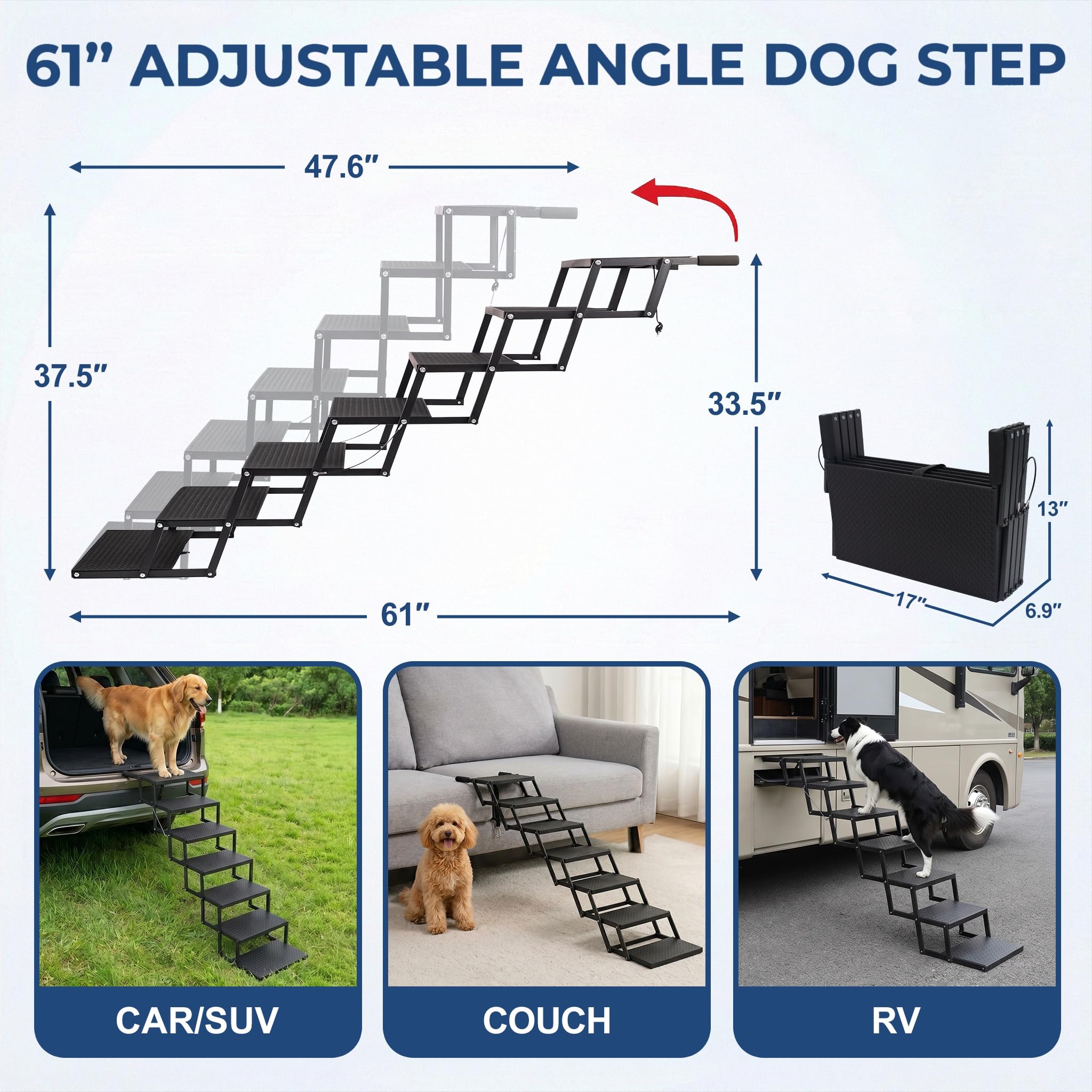 Escalier Pliable pour Chien - pour Grands Chiens (jusqu'à 113 kg) et Vieux Chiens - Aide à l'entrée en Voiture - pour SUV, Camion, Coffre - avec Insert antidérapant - 7 marches