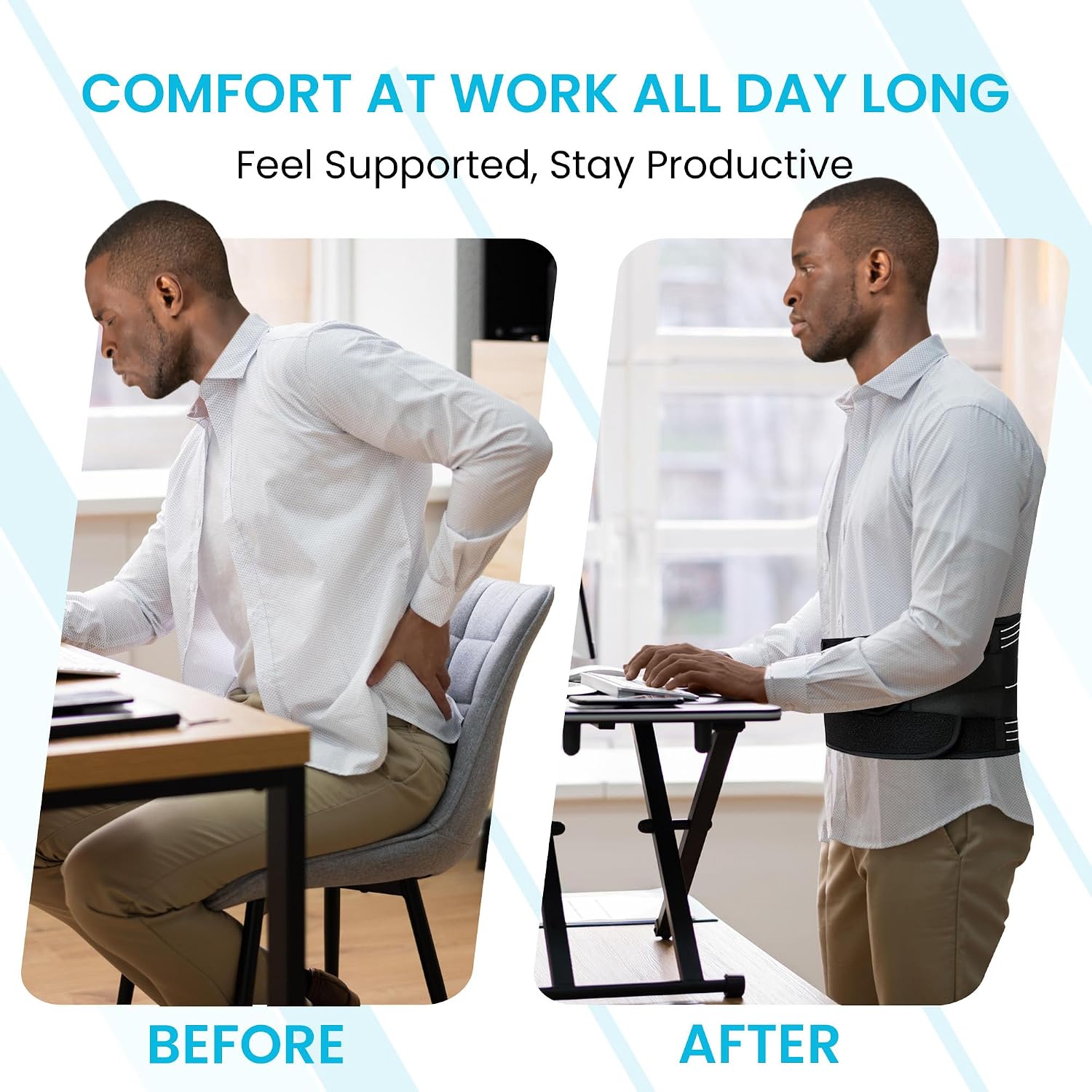Back Brace reduces Back Pain for Men and Women, Premium Adjustable, Lumbar Support and Pad, for all day comfort and relief of General Back Pain, Sciatica, Herniated Discs, Scoliosis Size Large
