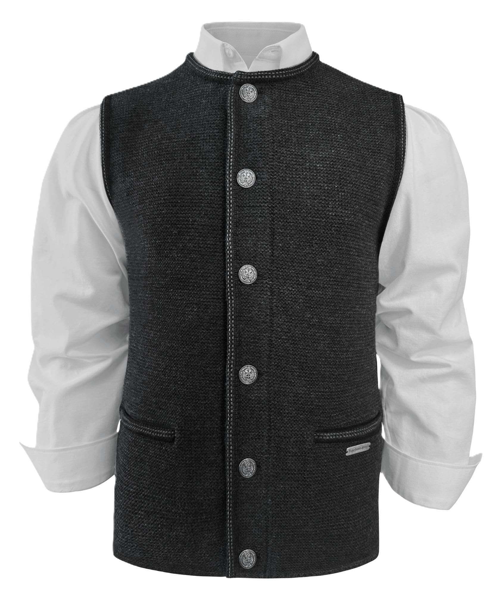Trachtenweste Strickweste Trachtengilet Strickgilet Strickjacke ohne Arm Gilet Herren Trachtenjacke Jacke ärmellos Weste Schurwollmischung Strick waschbar dunkelgrau braun
