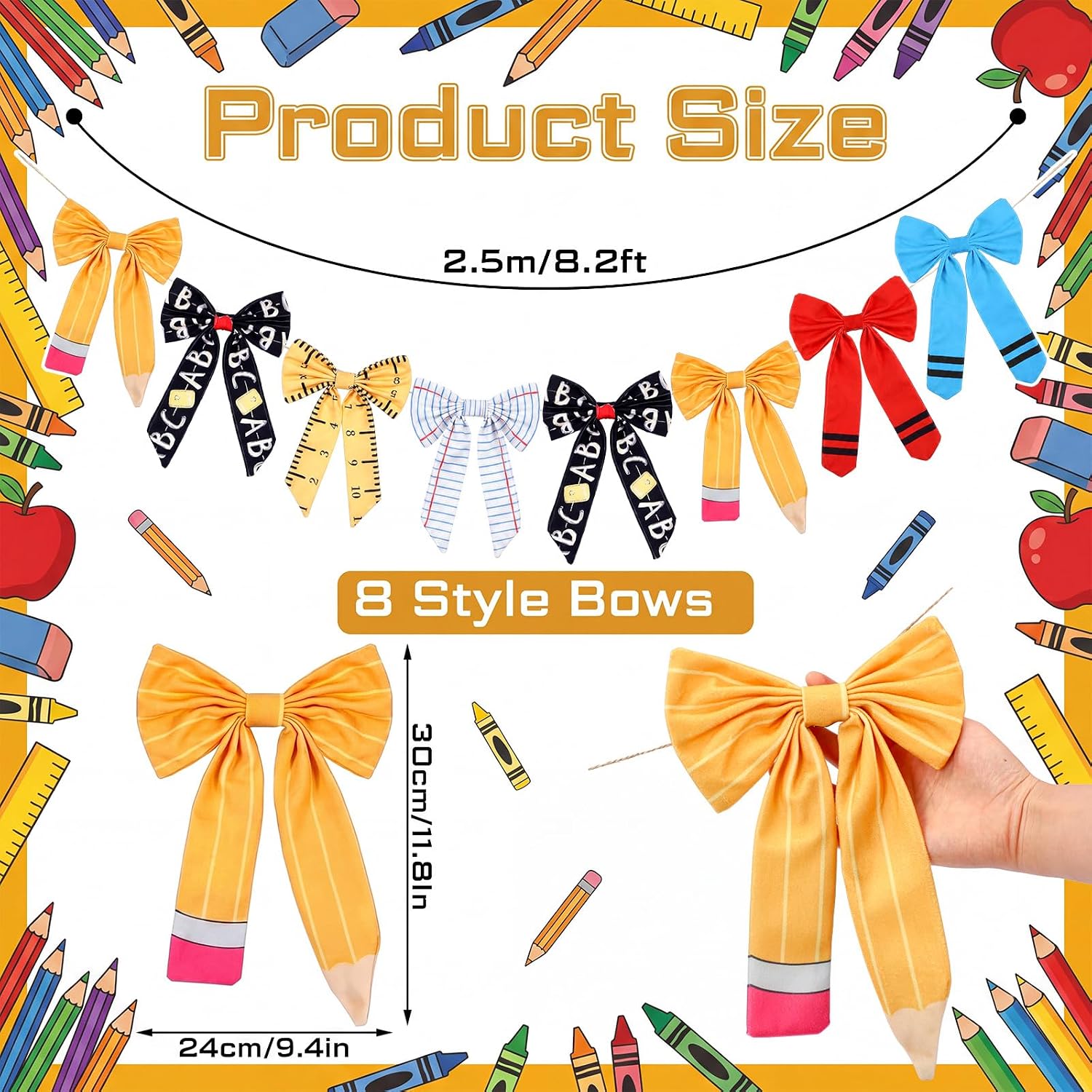 SmoothNovelty 8.2ft Pencil Bow Banner Back to School Decorations First Day of School Velvet Garland Notebook Ruler Crayon Hanging Banner for Classroom Kindergarten Bulletin Board Backdrop Supplies