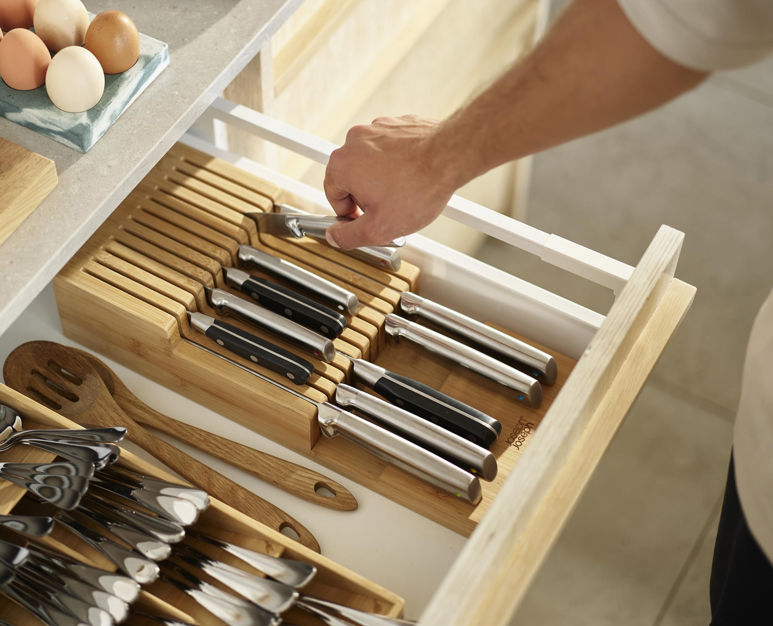 Joseph Joseph DrawerStore Porte Couteaux Vide, Jusqu'à 12 Couteaux de Cuisine, Organisation des Tiroirs, Bambou, Bamboo