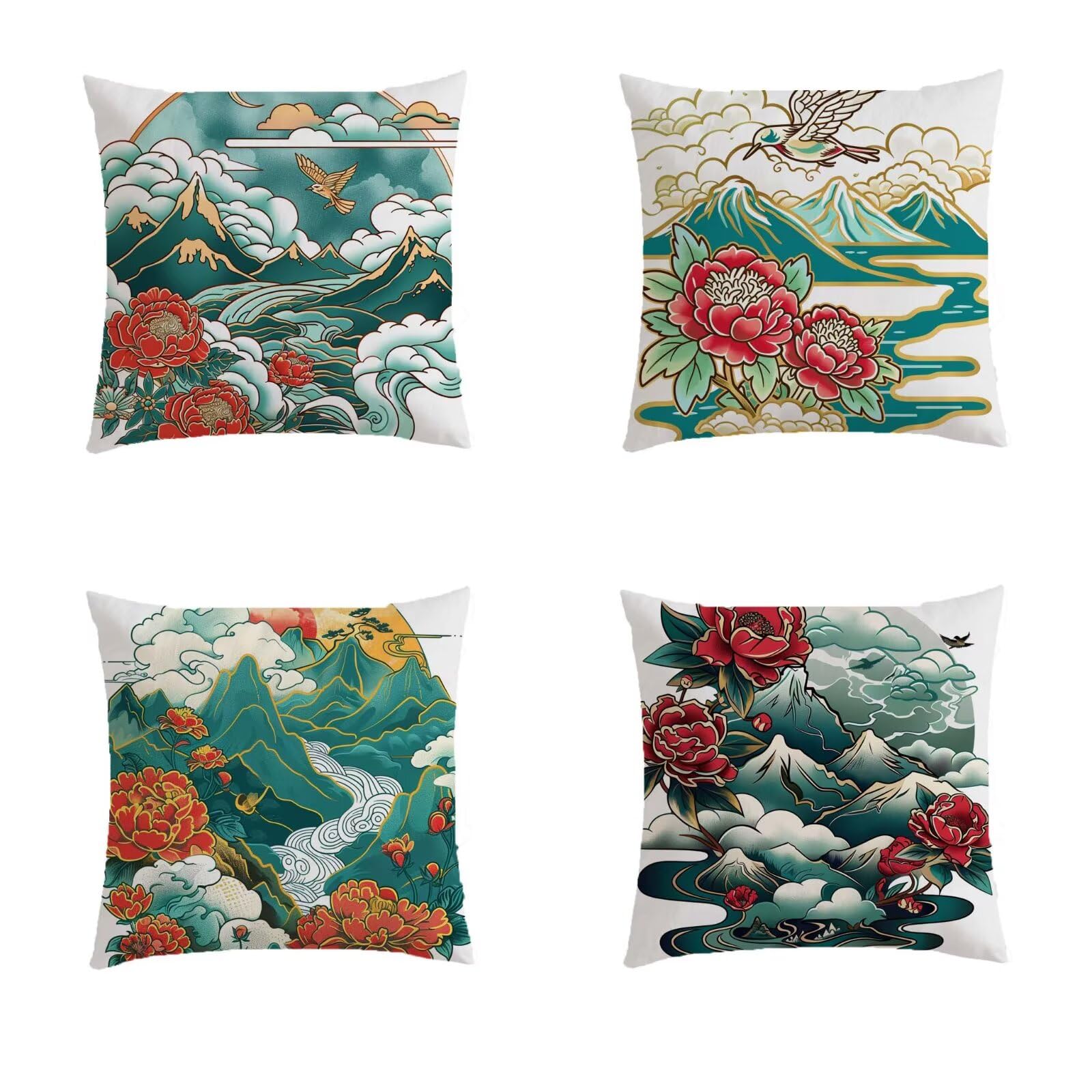 Housse de coussin 70x70cm extérieur imprimé paysage lot de 4 taies carré lin