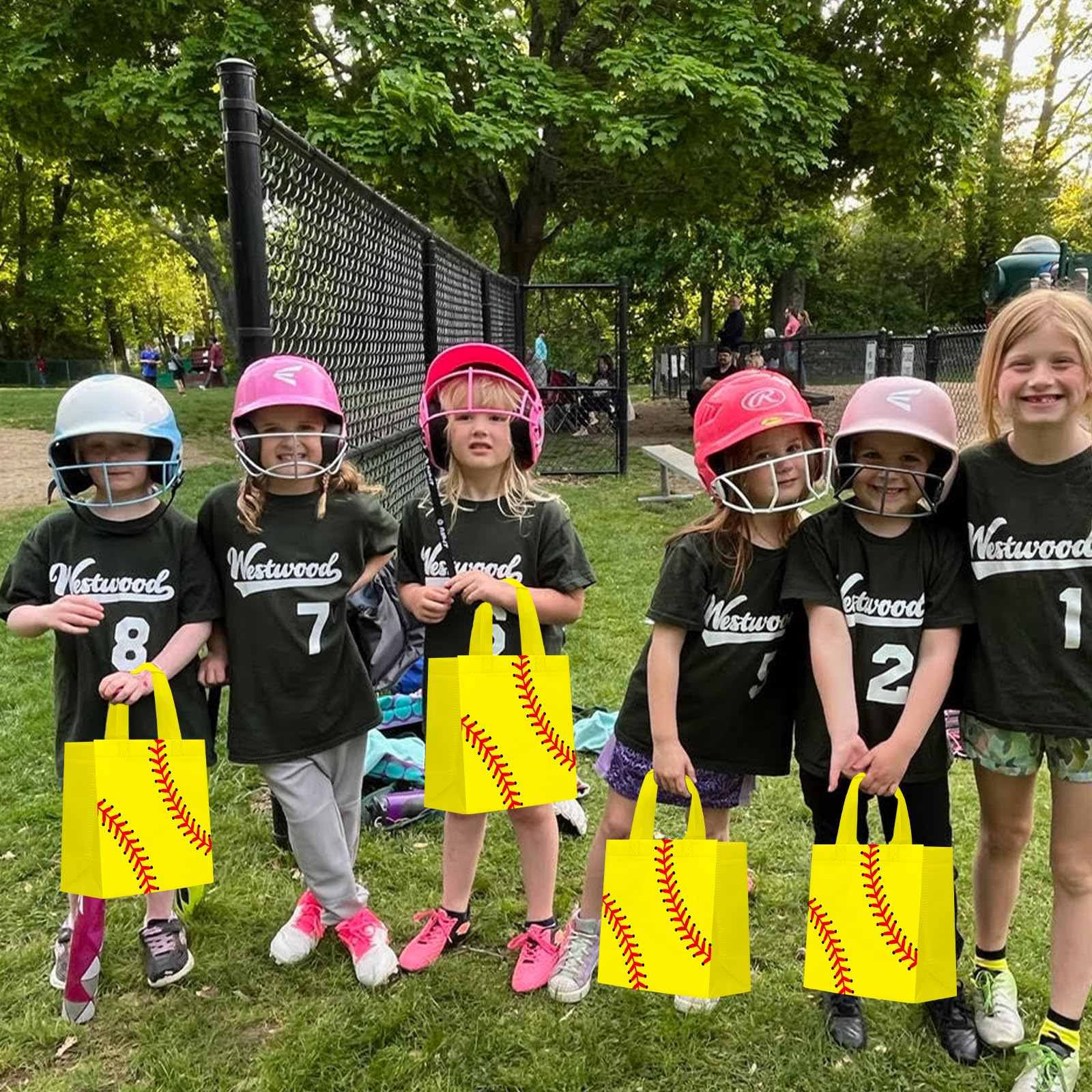24 PCS Softball Gift Bags Sports Party Favor with Handles Reusable Softball Goodie Snack Favor Bag Non Woven Party Favor Bags for Sports Birthday Supplies