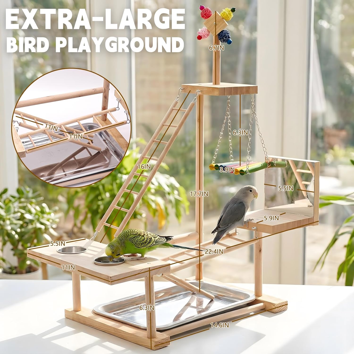 Bird Playground Natural Wood Bird Perch Stand with Mirror Parakeet Ladder Chewing Toy Conure Swing and Feeder Cup for Small to Medium Birds
