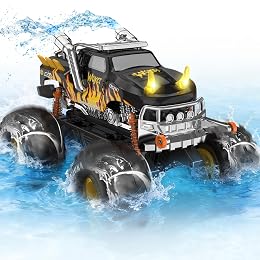 Amphibious 1:16 Waterproof Monster Truck Toys RC Car Water Blaster Trucks 60+ Min Runtime with 2 Batteries 360 Spin 4WD All Terrain Off-Road Pickup rc car Toy 5-12 Year Old Kids Gifts Father's Day