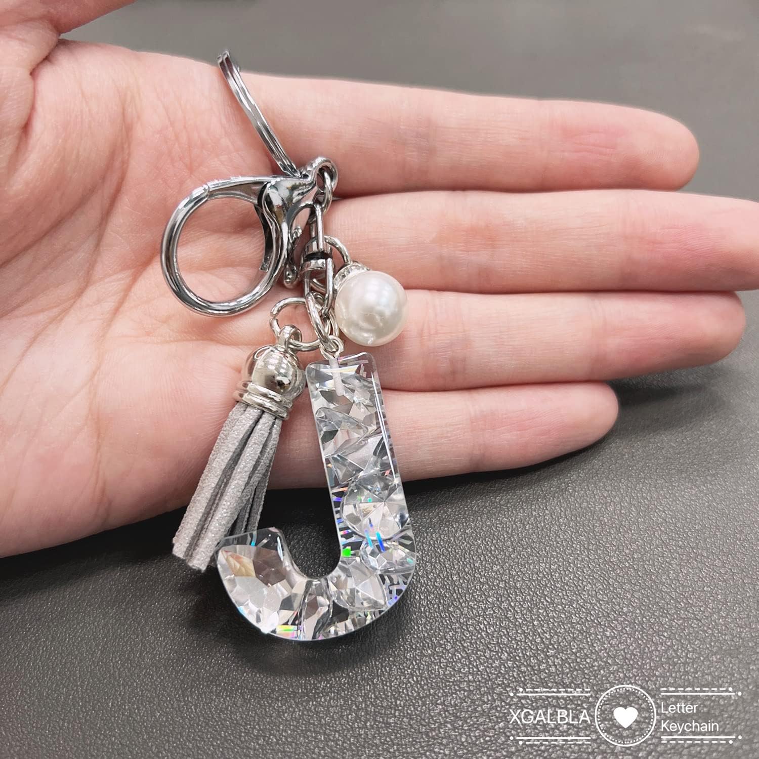 XGALBLA Women's Rhinestone Alphabet Letter Keychain Tassel, Simulated Pearls and Initial with Key Ring Bag Charm for Handbags image 5