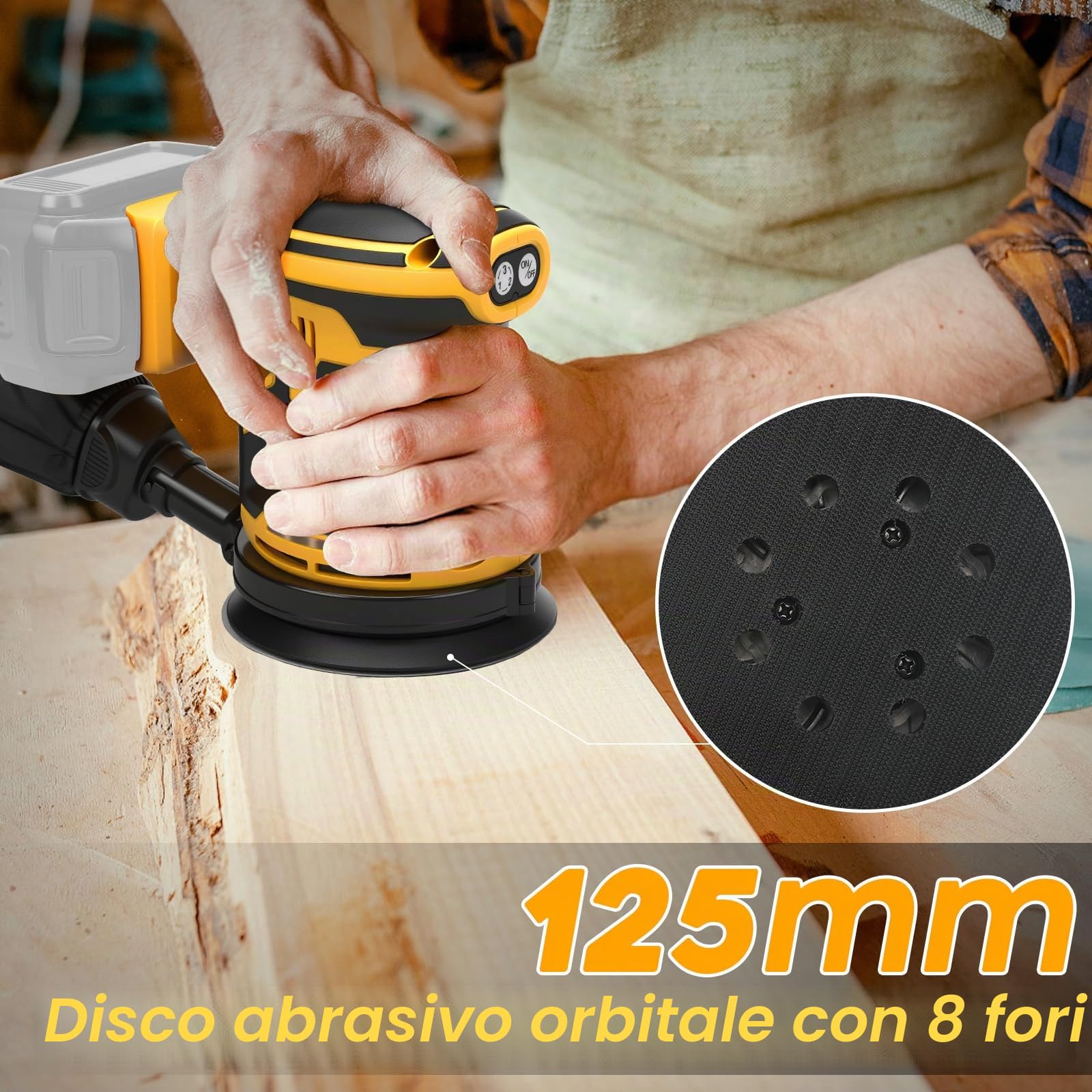 Levigatrice Rotorbitale per Dewalt 18 V, 20 V batteria, Diametro Disco 125mm, Velocità 11.000 Giri/Minuto,con 15 pezzi di carta vetrata (senza batteria)