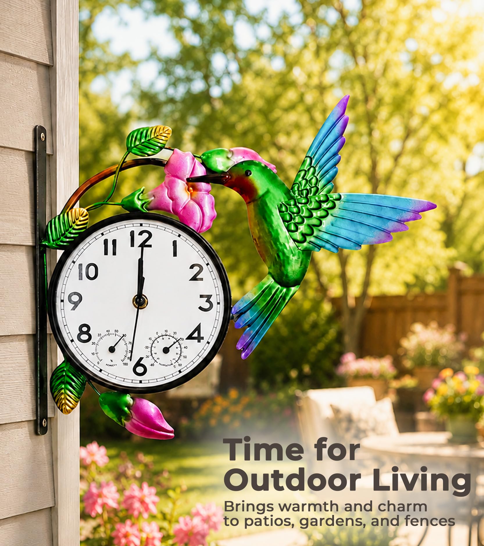 Orologio da esterno con termometro e igrometro Combo | Orologio da parete silenzioso senza ticchettio per patio, impermeabile, decorativo per soggiorno, gloria mattutina e colibrì