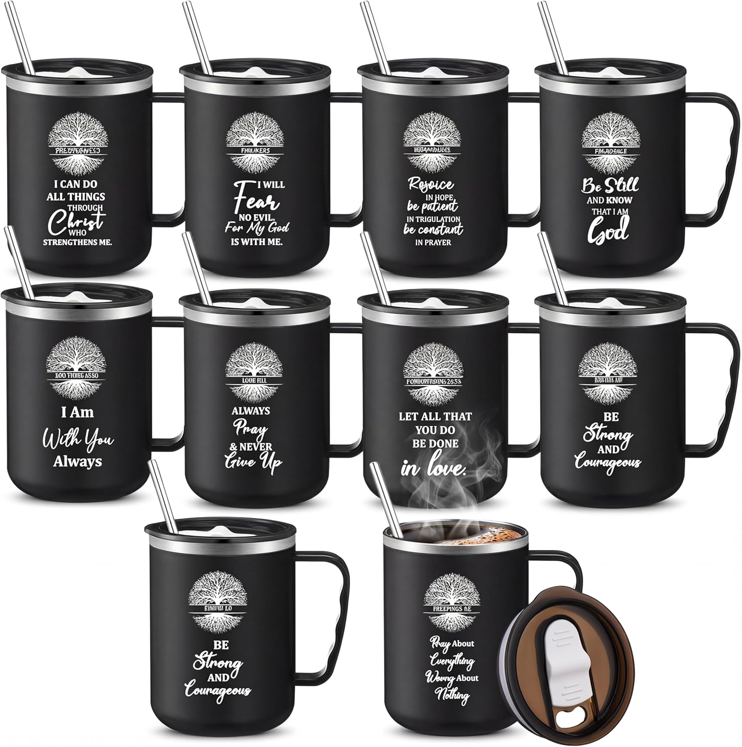 Nuogo 10 Set Christian Gift Bible Verse Tumbler Bulk Pastor Appreciation Day Gifts 17 oz Coffee Mugs with Lid and Straw Religious Jesus Tumbler Cup for Grandparents Day Church Thanksgiving Christmas
