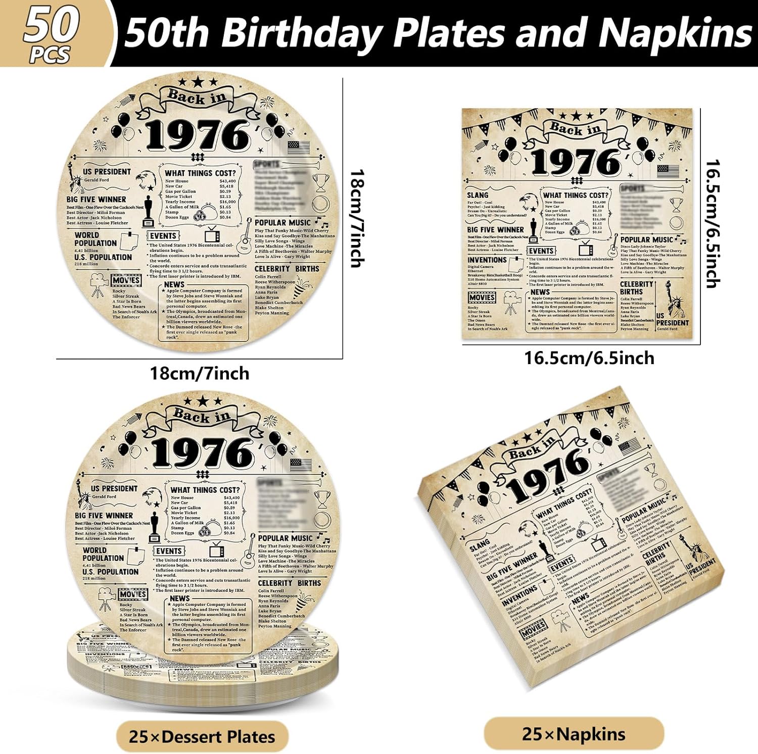 CHUNNIN 50pcs 50th Birthday Plates and Napkins 50th Birthday Party Decorations Vintage Back in 1976 Dessert Plates Vintage 1976 50th Theme Disposable Dinnerware for Men Women Party Supplies - Image 2