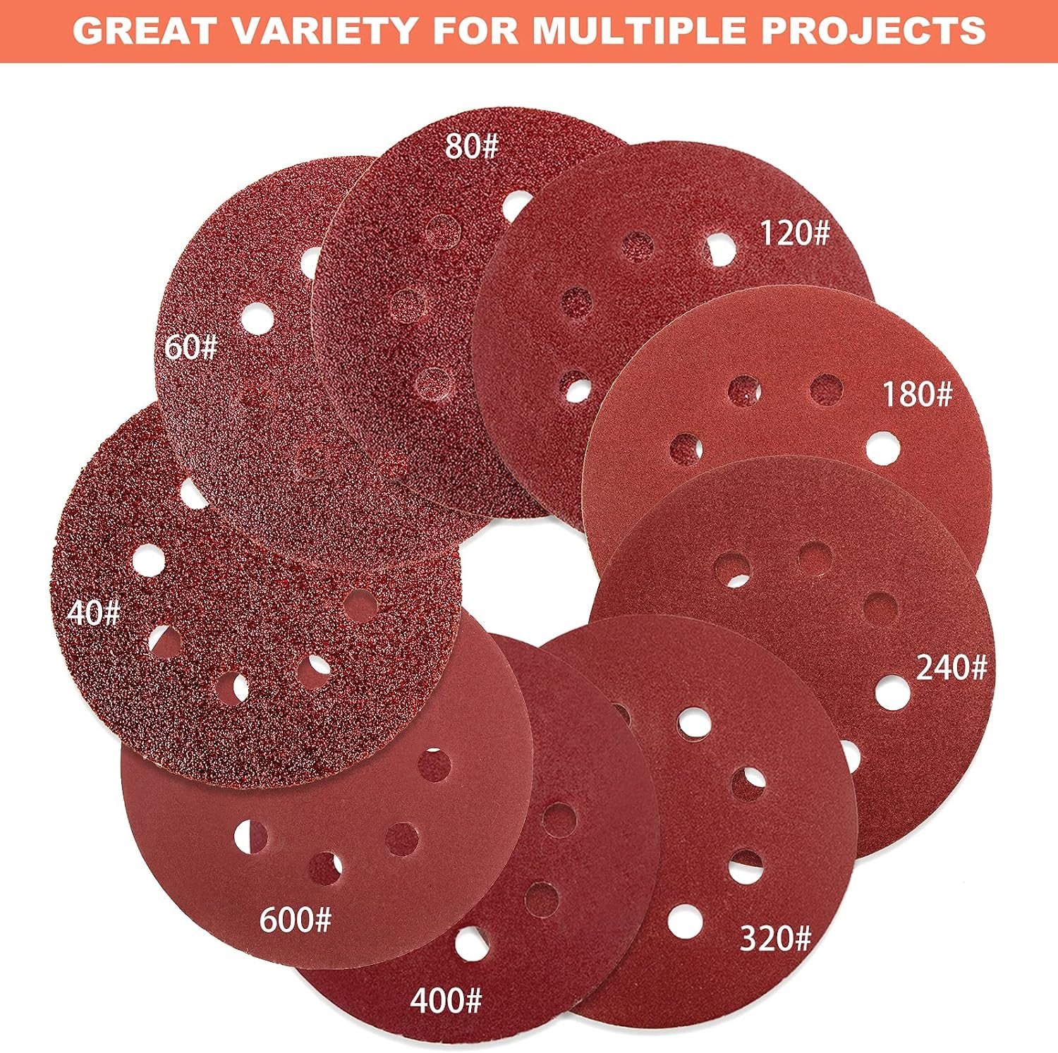 165pcs Orbital Sander Sandpaper Sanding Discs 5 Inch 8 Hole 40 60 80 120 180 240 320 400 600 Grit, Hook and Loop Random Orbital Sandpaper Assortment for Wood STUHAD