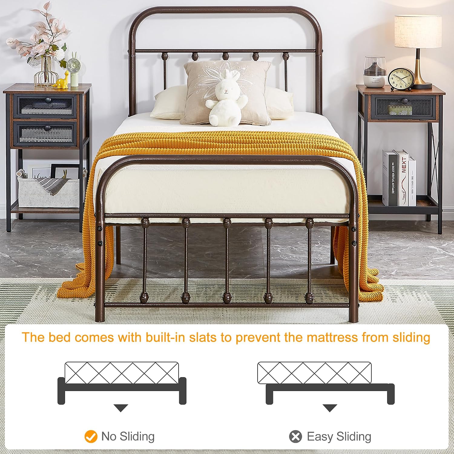VECELO Twin Size Victorian Style Metal Bed Frame with Headboard Classic Metal Platform Bed Frame Mattress Foundation with Footboard/Under Bed Storage/No Box Spring Bronze