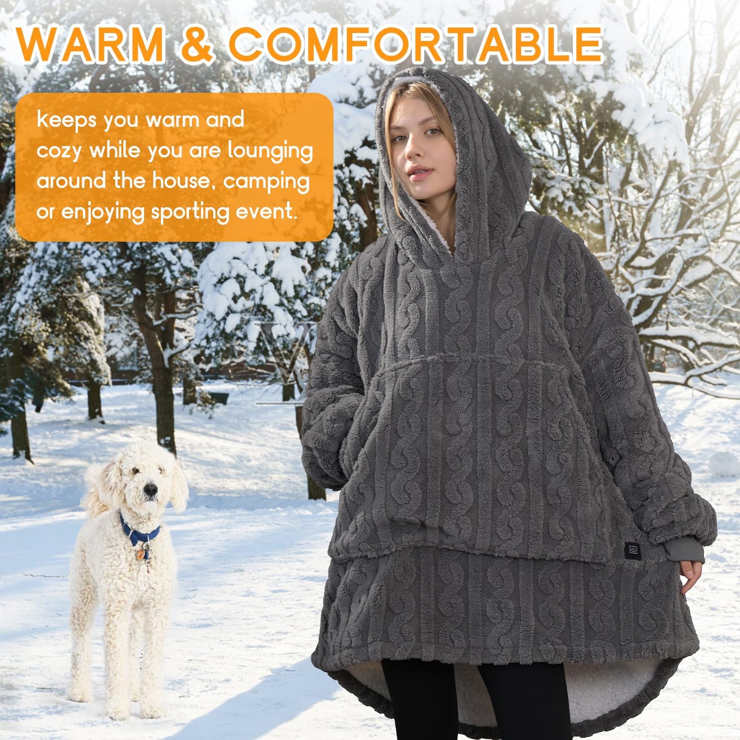 Heated Wearable Blanket Battery Powered, Come with 5000mAh Portable Rechargeable Charger, USB Fannel Sherpa Oversized Hoodie Sweatshirt, Machine Washable, Grey