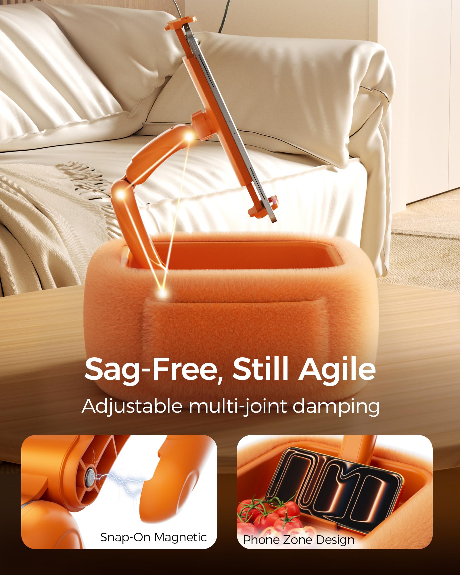 LULULOOK Support Kindle avec 2 Poches, réglable, avec Bras pivotant magnétique, Support Universel pour Tablette avec Plateau à collation Amovible, pour Tous Les appareils de 4,7 à 16 ", Orange