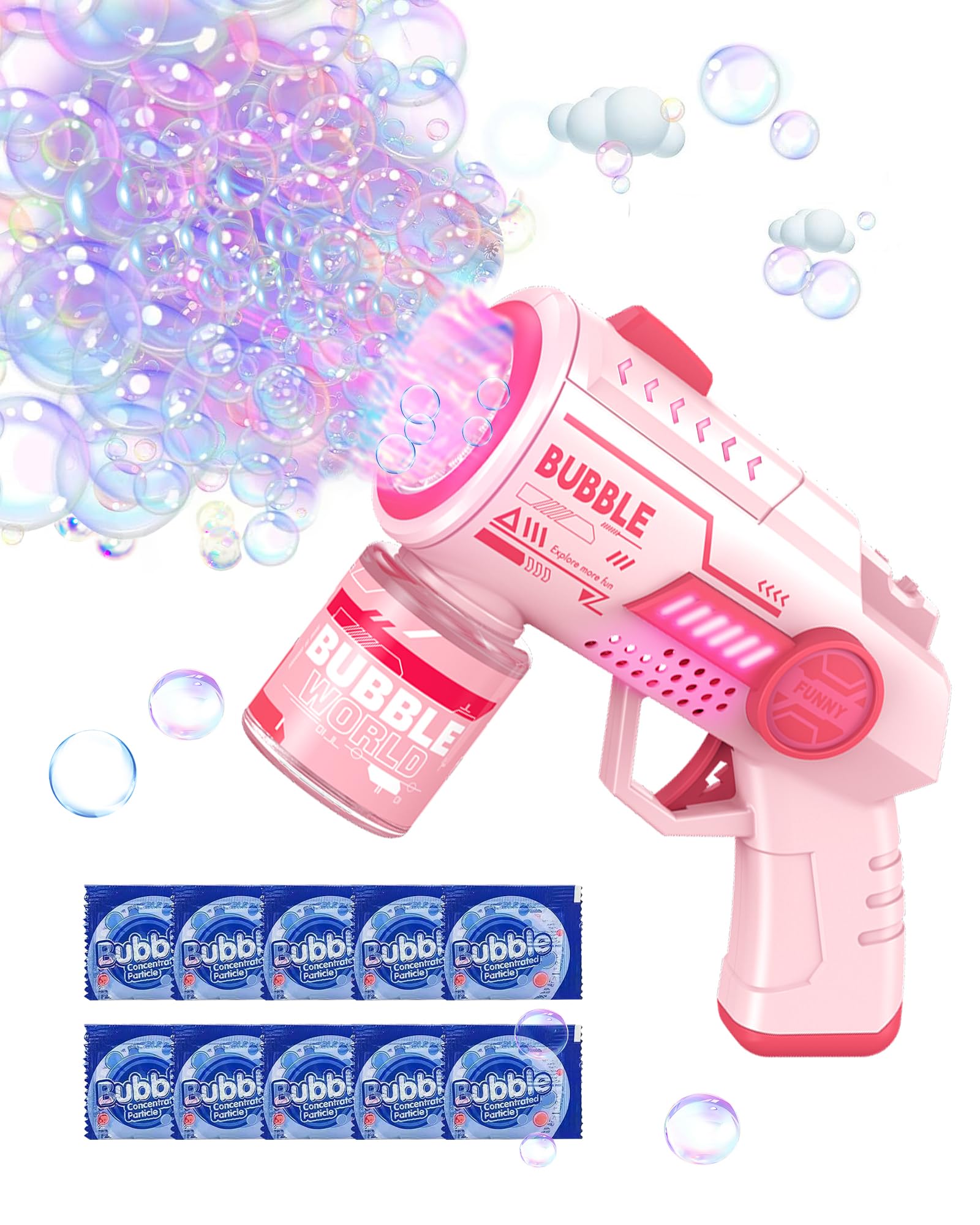 Máquina de Burbujas de Jabón Automática para Niños con 10 Recargas de Solución de Burbujas, 6000+ Burbujas/Min Pistola de Burbujas con Luces LED, Burbujas para Fiestas, Playa y Cumpleaños